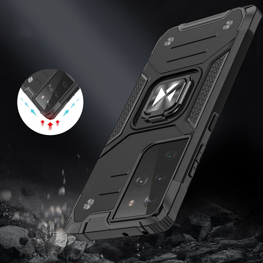 Wozinsky Ring Armor tøft hybriddeksel + magnetisk holder for Samsung Galaxy S22 Ultra sølv