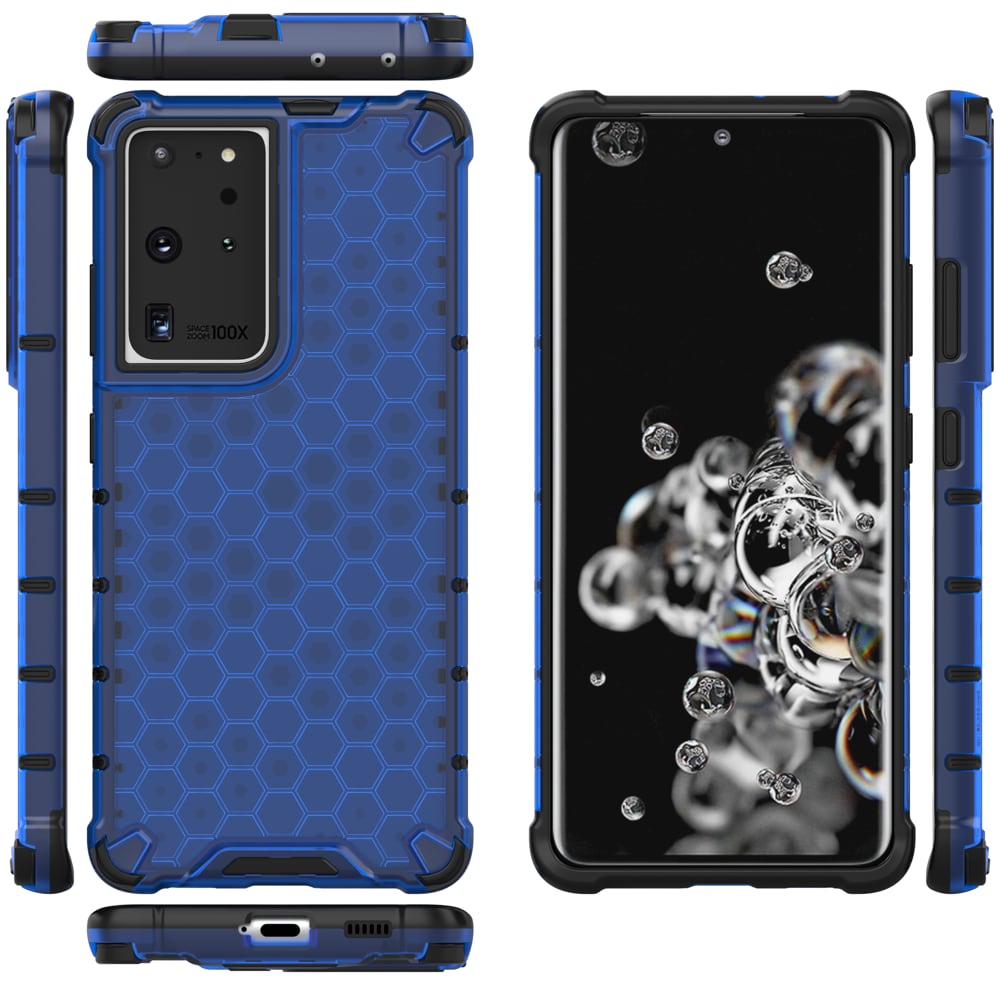 Honeycomb-etui pansrede deksel med en gelramme for Samsung Galaxy S22 Ultra blå