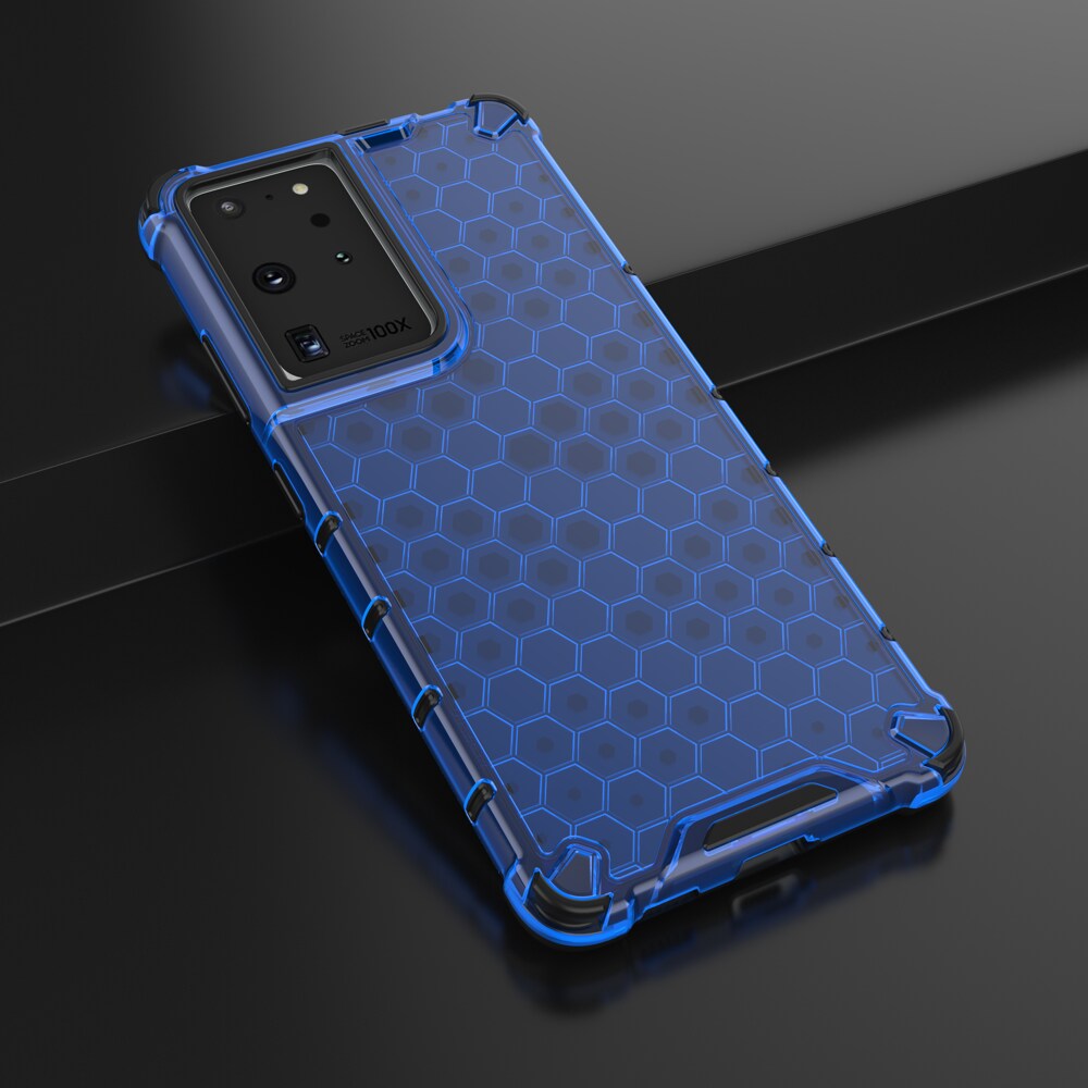 Honeycomb-etui pansrede deksel med en gelramme for Samsung Galaxy S22 Ultra blå