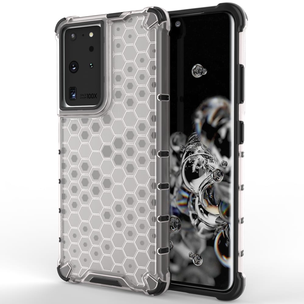 Honeycomb-etui pansrede deksel med en gelramme for Samsung Galaxy S22 Ultra gjennomsiktig