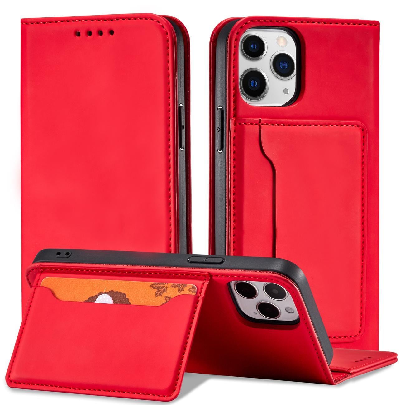 Magnet Kortveske for iPhone 12 Pro Veske Kortlommebok Kortholder Rød