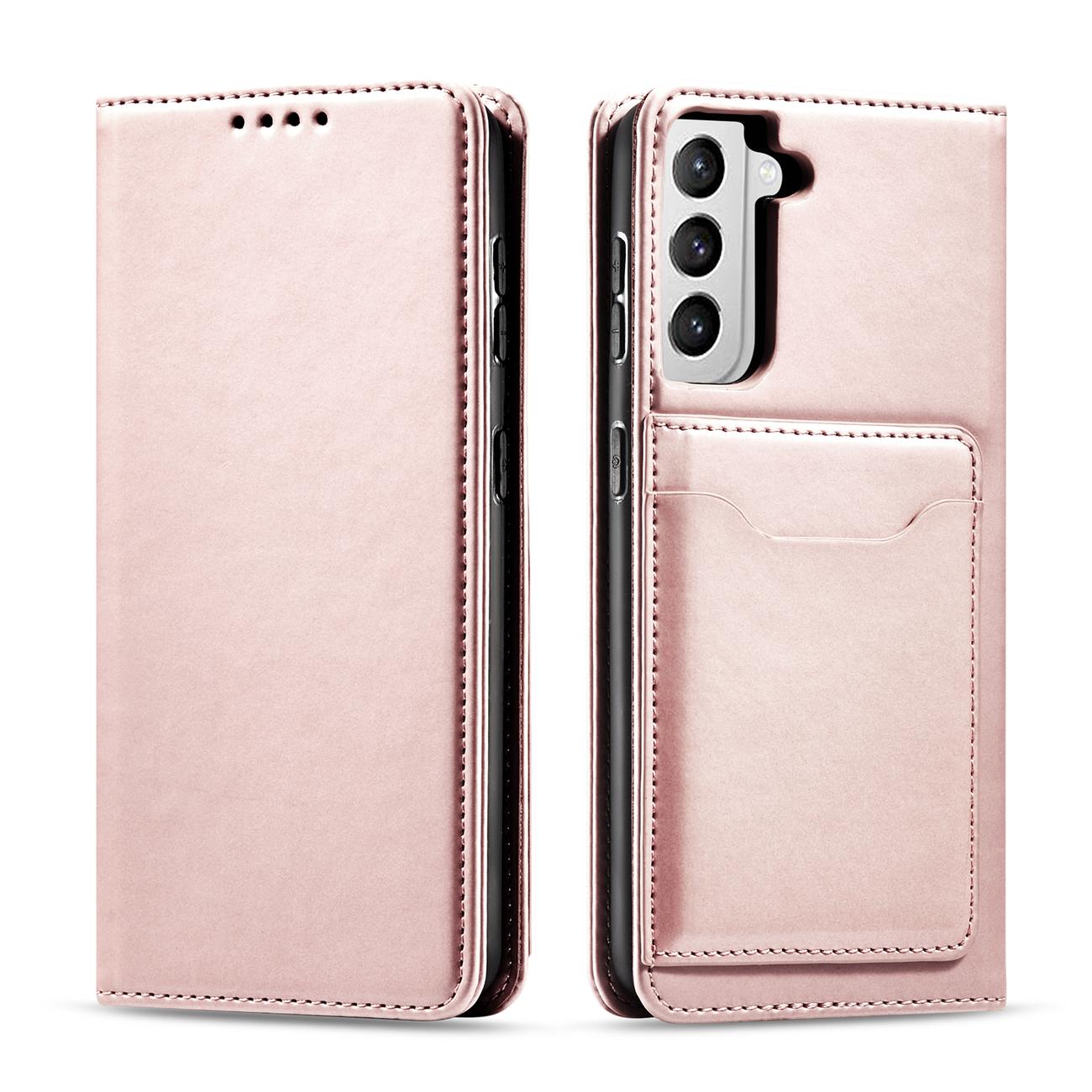 Hurtel Magnet Card Case Deksel for Samsung Galaxy S22+ (S22 Plus) Dekselkort Lommebok Kortstativ Rosa