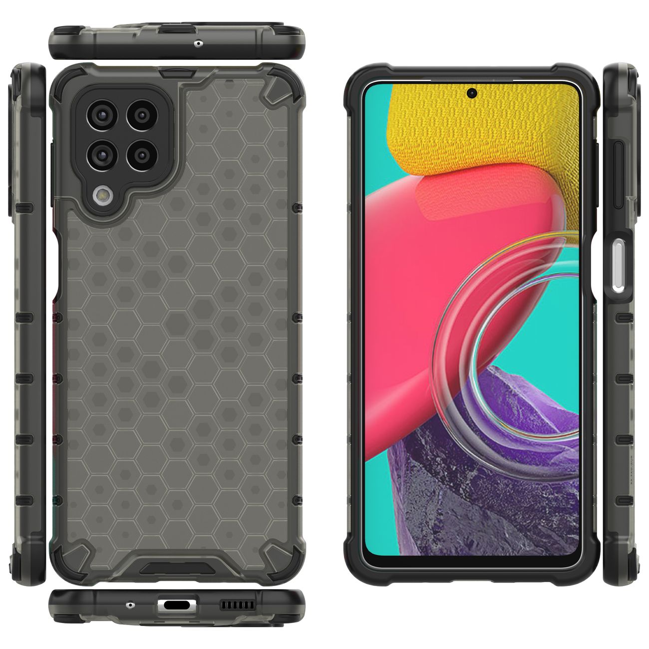 Honeycomb-etui pansrede deksel med en gelramme for Samsung Galaxy M53 5G svart