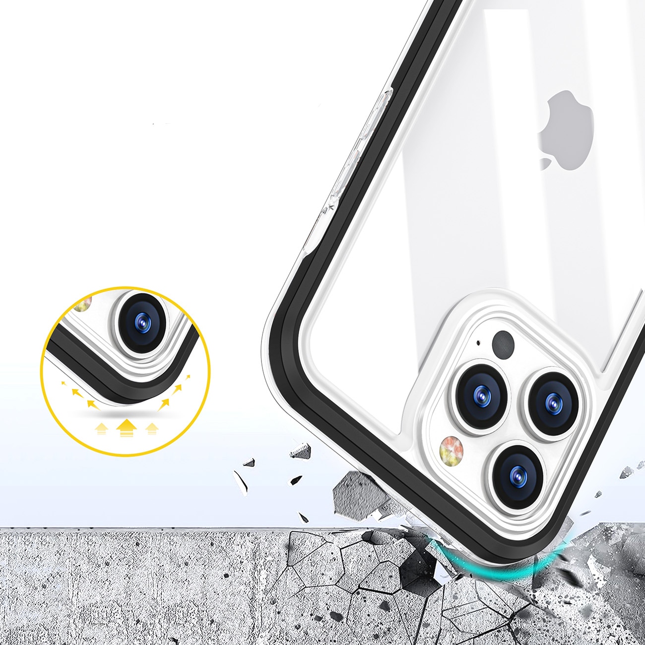 Gjennomsiktig 3-i-1-etui for iPhone 14 silikondeksel med ramme svart