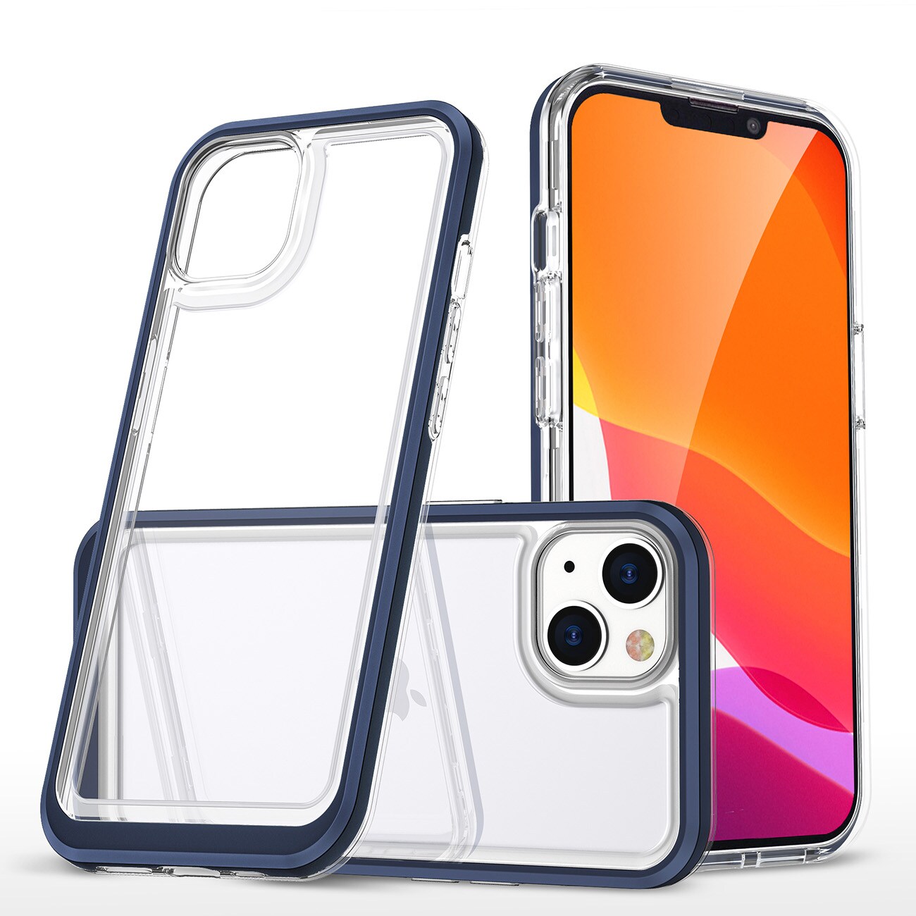 Gjennomsiktig 3-i-1-etui for iPhone 14 Plus silikondeksel med ramme blå