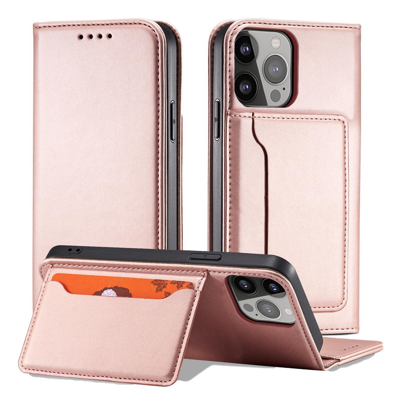 Magnet Kortveske for iPhone 14 Pro flip cover lommebok stativ rosa