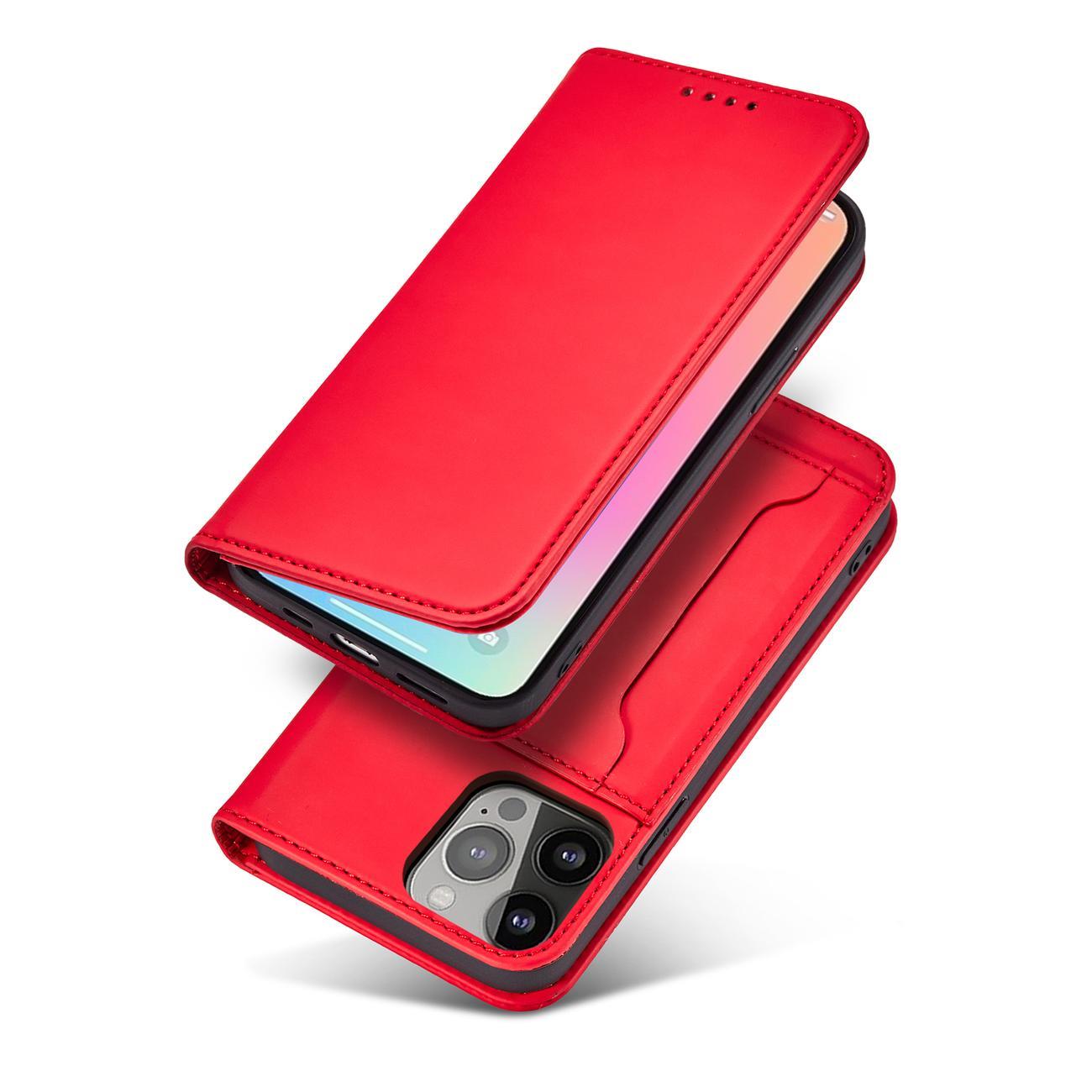 Magnet Kortveske for iPhone 14 Pro Max flip cover lommebok stativ rød