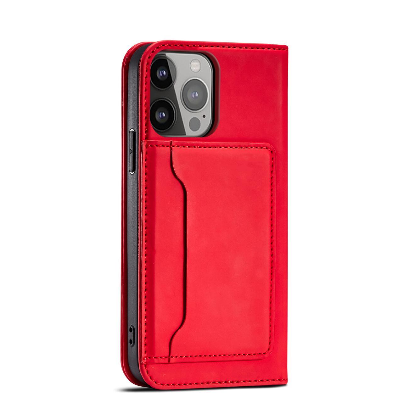 Magnet Kortveske for iPhone 14 Pro Max flip cover lommebok stativ rød