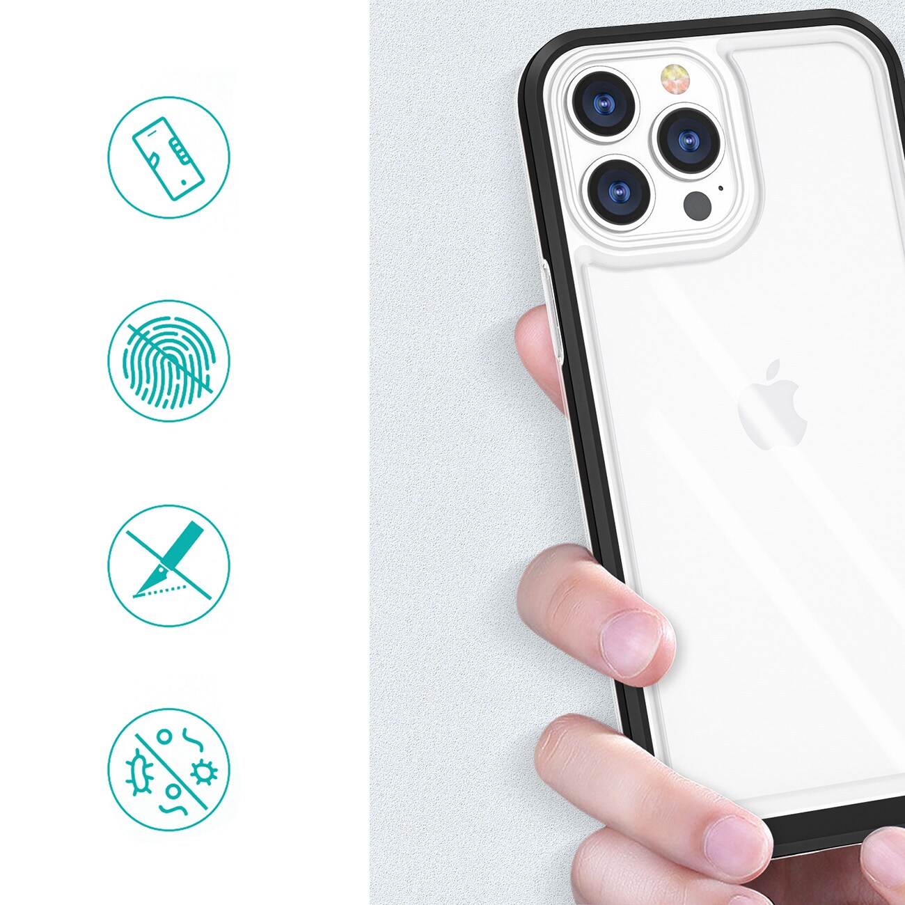 Gjennomsiktig 3-i-1-etui for iPhone 14 Pro silikondeksel med ramme svart