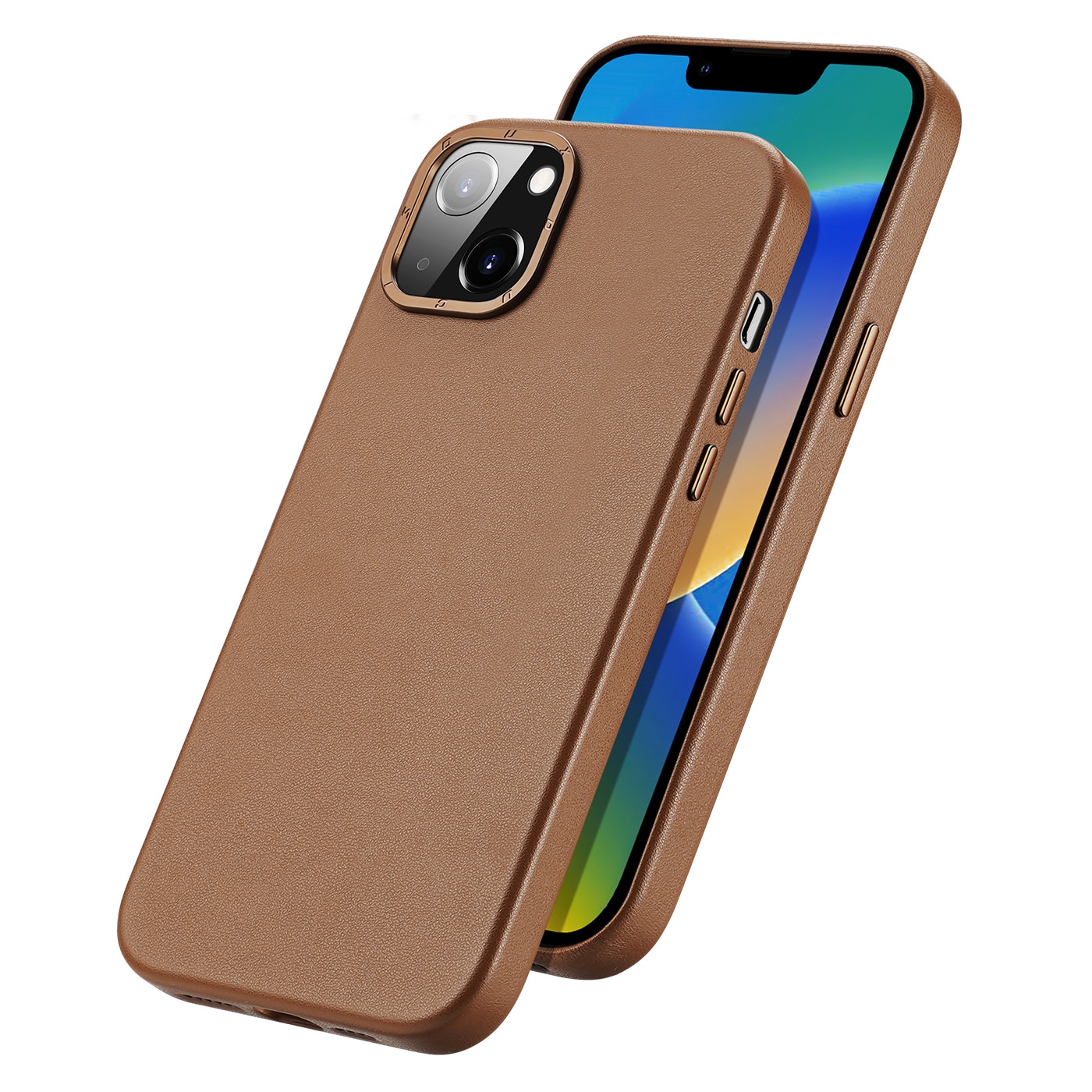 Dux Ducis Grit Leather Case for iPhone 14 Plus Elegant deksel i kunstlær (MagSafe-kompatibel) Brun