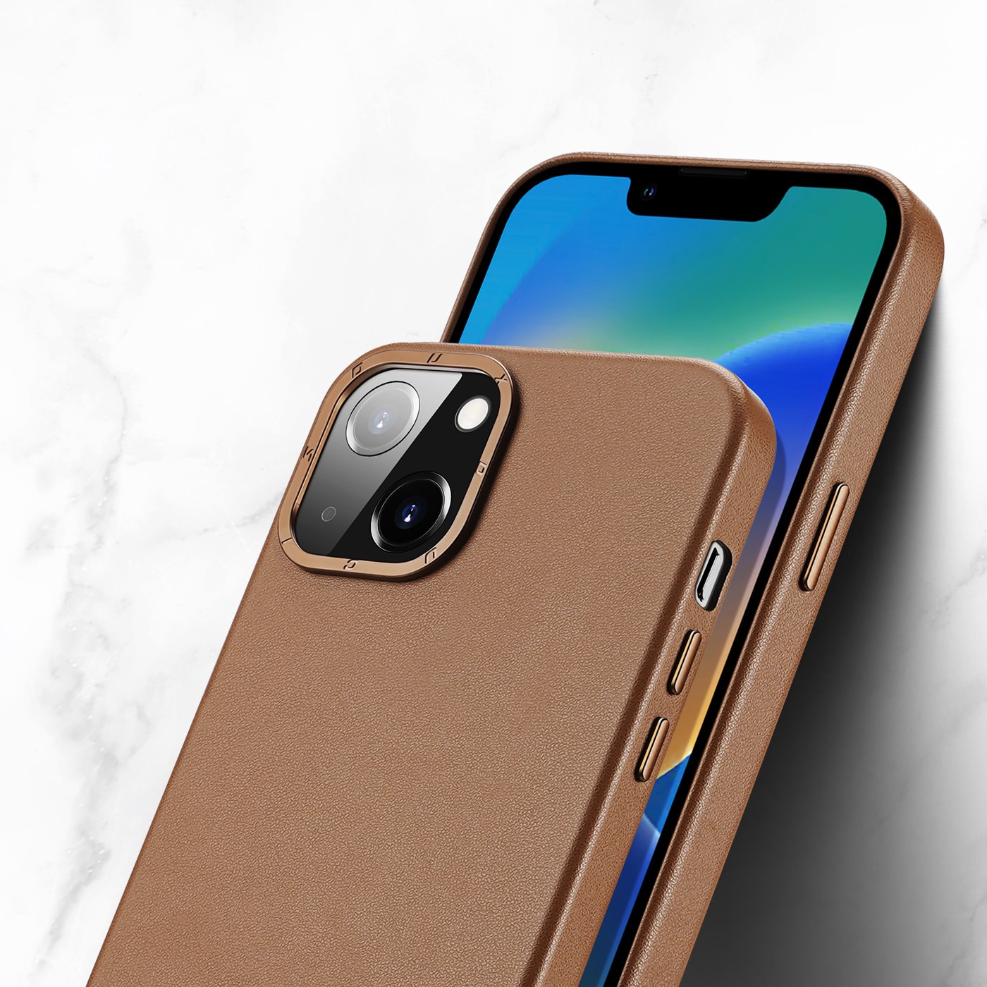 Dux Ducis Grit Leather Case for iPhone 14 Plus Elegant deksel i kunstlær (MagSafe-kompatibel) Brun