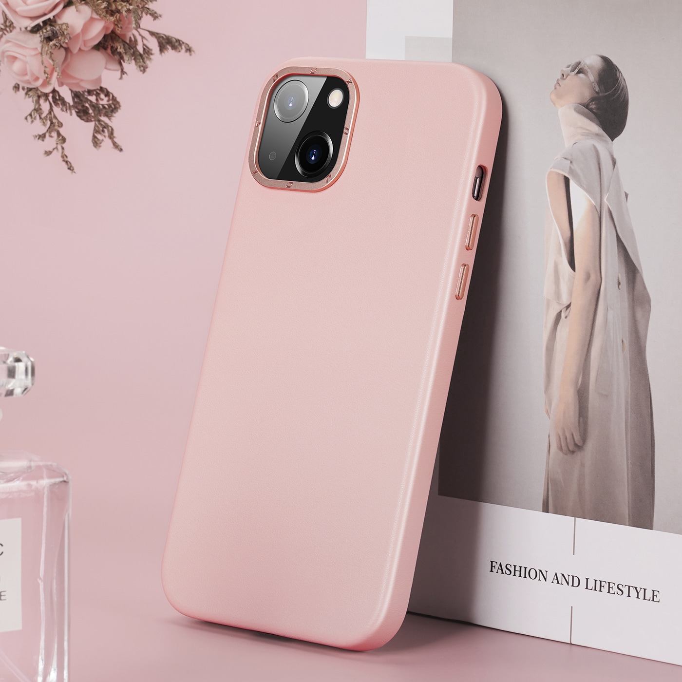 Dux Ducis Grit Leather Case for iPhone 14 Plus Elegant deksel i kunstlær (MagSafe-kompatibel) Rosa
