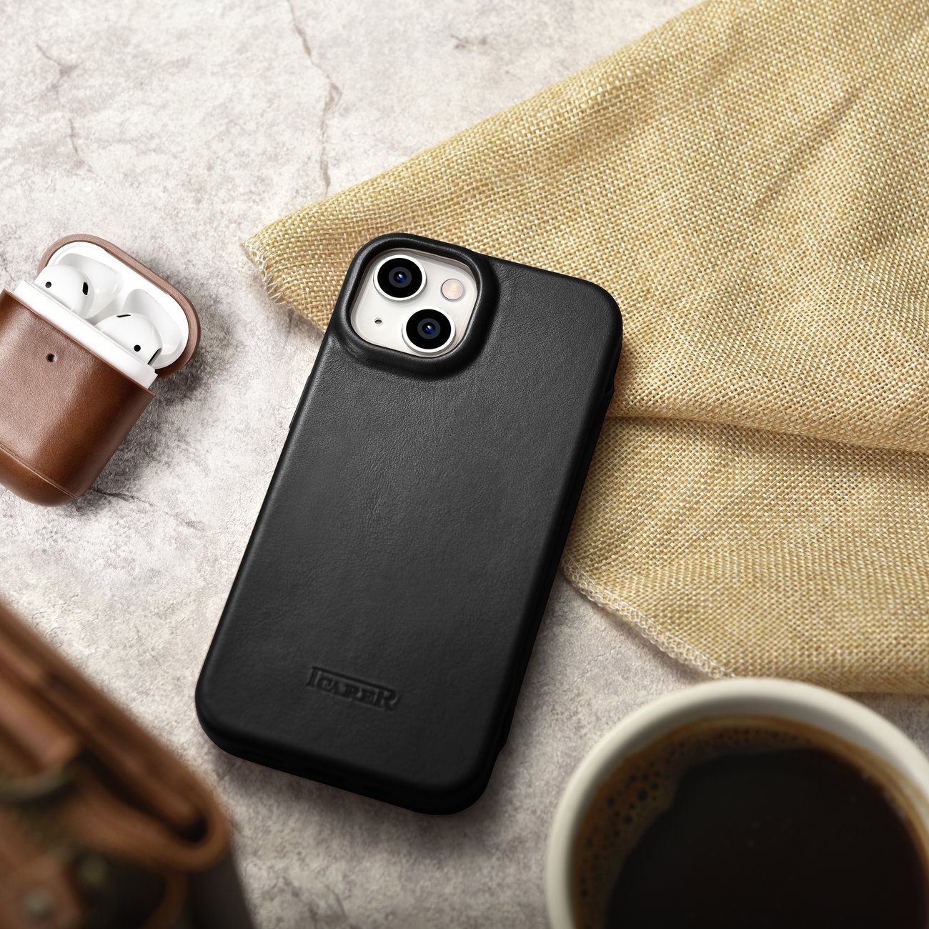 iCarer CE Oil Wax Premium Folio-etui i læder til iPhone 14 Plus Magnetisk Flip MagSafe Black