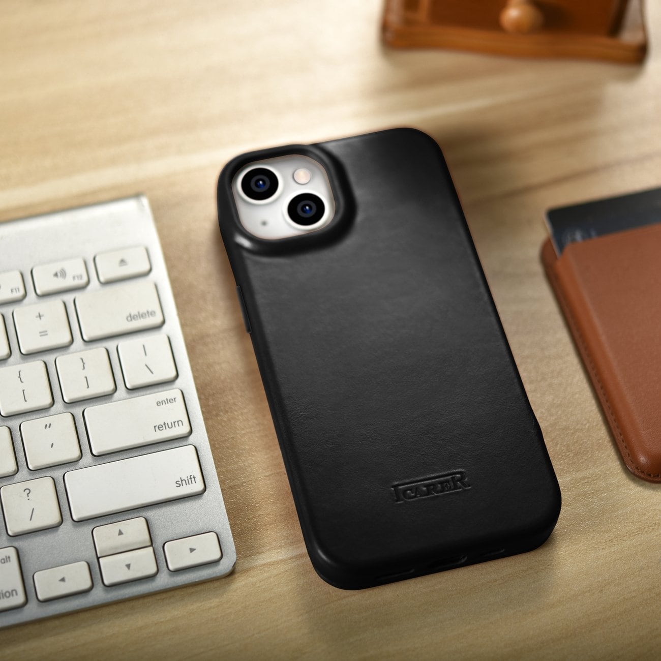 iCarer CE Oil Wax Premium Folio-etui i læder til iPhone 14 Plus Magnetisk Flip MagSafe Black