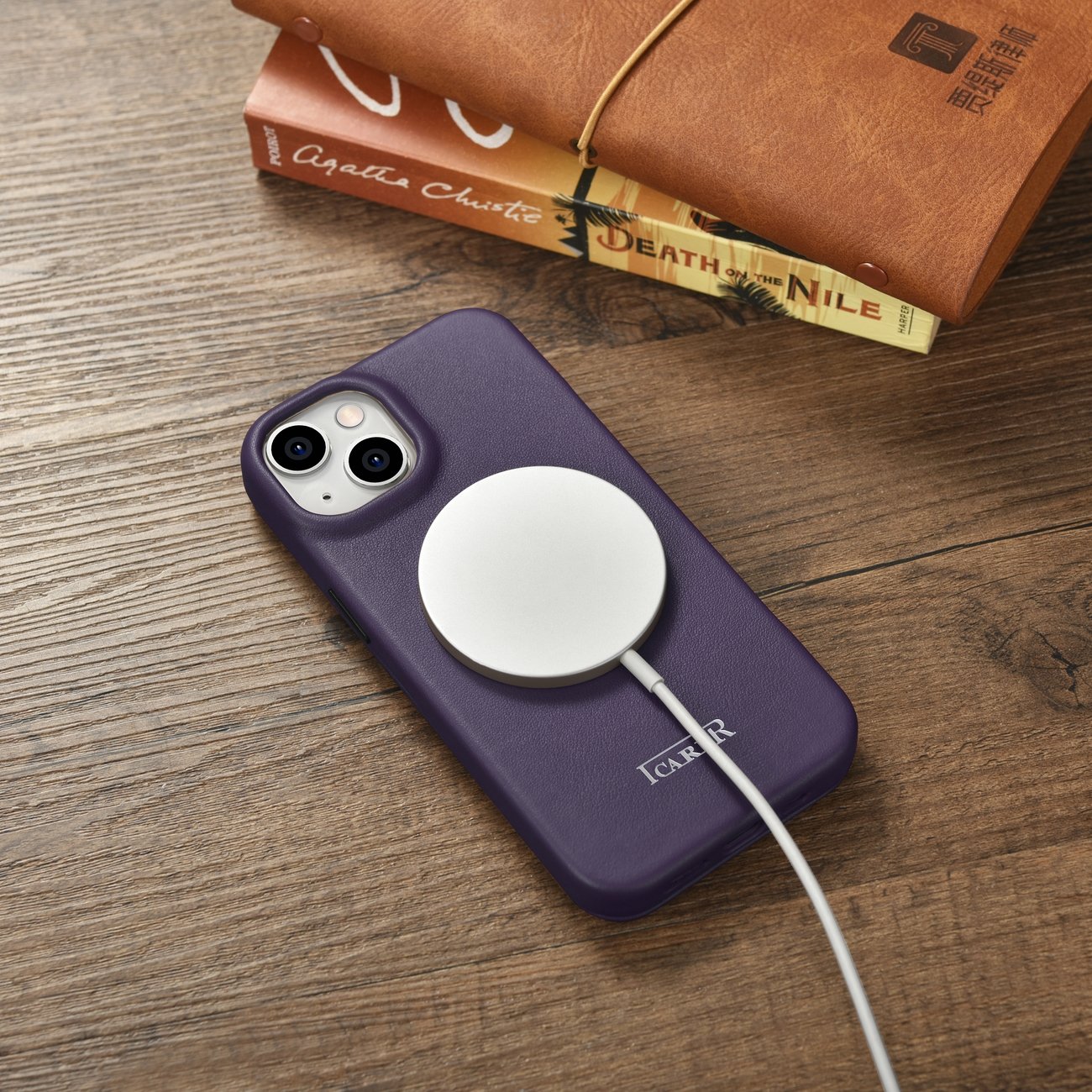 iCarer CE Folio-etui i læder til iPhone 14 Plus, Magnetisk, MagSafe, Mørk lilla (WMI14220715-DP)