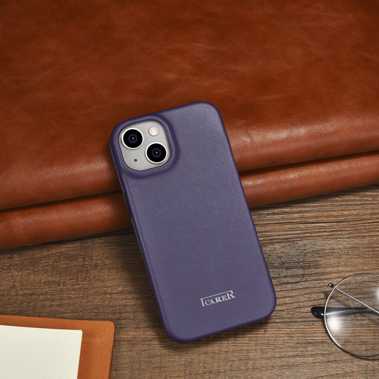 iCarer CE Folio-etui i læder til iPhone 14 Plus, Magnetisk, MagSafe, Mørk lilla (WMI14220715-DP)