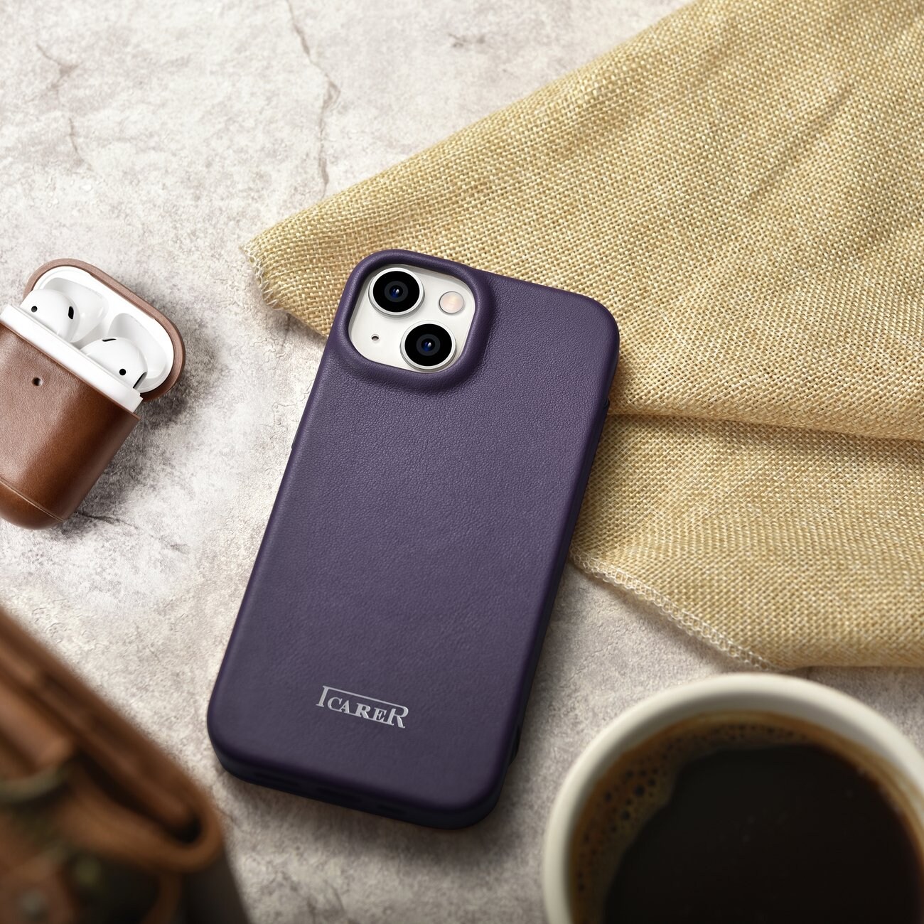 iCarer CE Folio-etui i læder til iPhone 14 Plus, Magnetisk, MagSafe, Mørk lilla (WMI14220715-DP)
