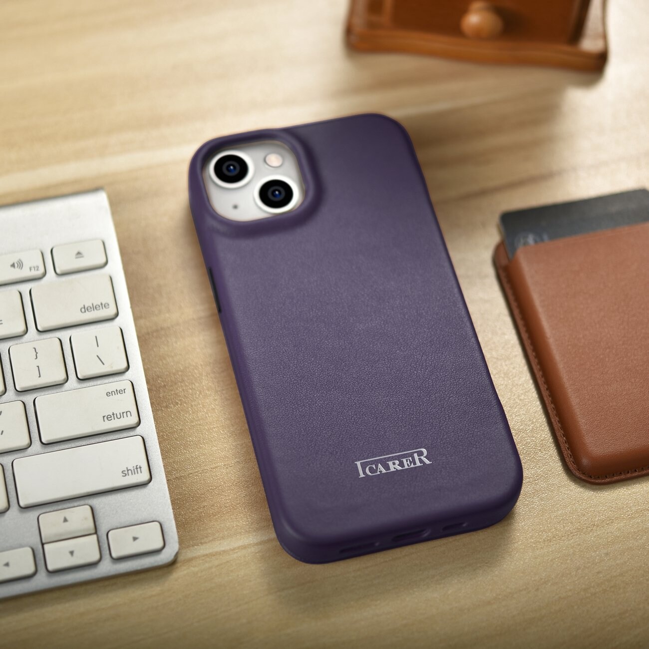 iCarer CE Folio-etui i læder til iPhone 14 Plus, Magnetisk, MagSafe, Mørk lilla (WMI14220715-DP)