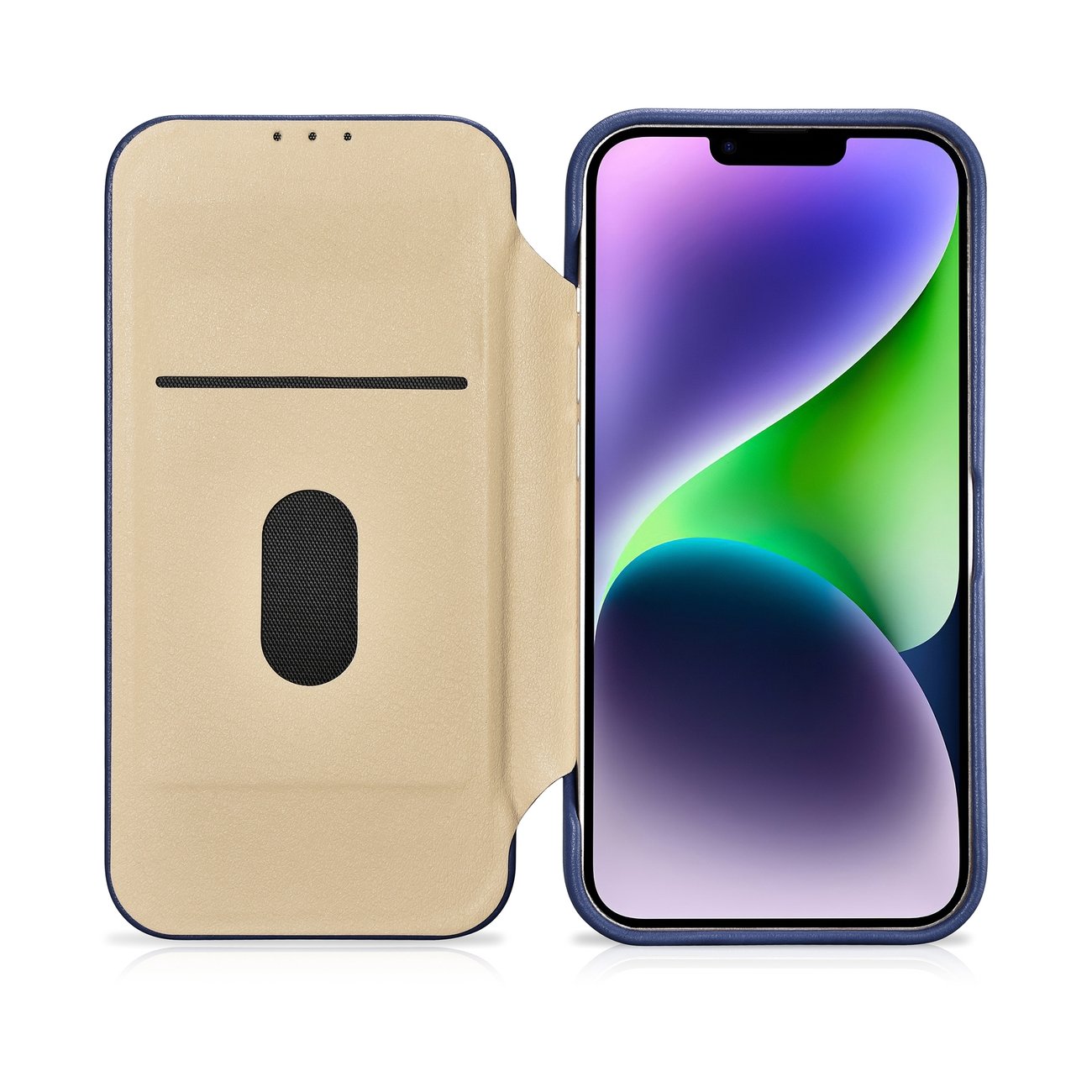 iCarer CE Premium Folio-etui i skinn iPhone 14 Plus Magnetisk flip MagSafe Blue (WMI14220715-BU)