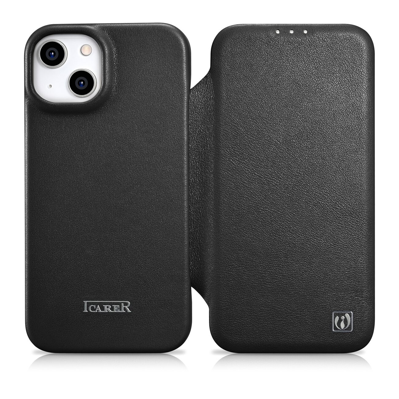 iCarer CE Premium Leather Folio Case for iPhone 14 Plus MagSafe - Black Magnetisk Flip Case