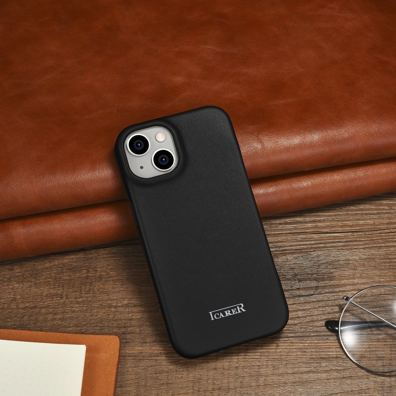 iCarer CE Premium Leather Folio Case for iPhone 14 Plus MagSafe - Black Magnetisk Flip Case