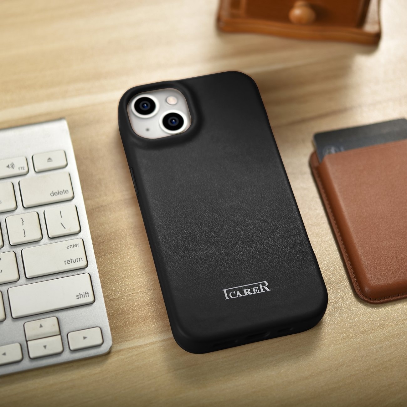 iCarer CE Premium Leather Folio Case for iPhone 14 Plus MagSafe - Black Magnetisk Flip Case