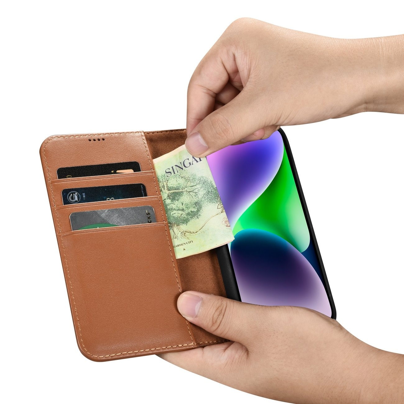iCarer lommebokveske 2in1-deksel iPhone 14 Plus Anti-RFID flip-etui i lær Brun (WMI14220727-BN)