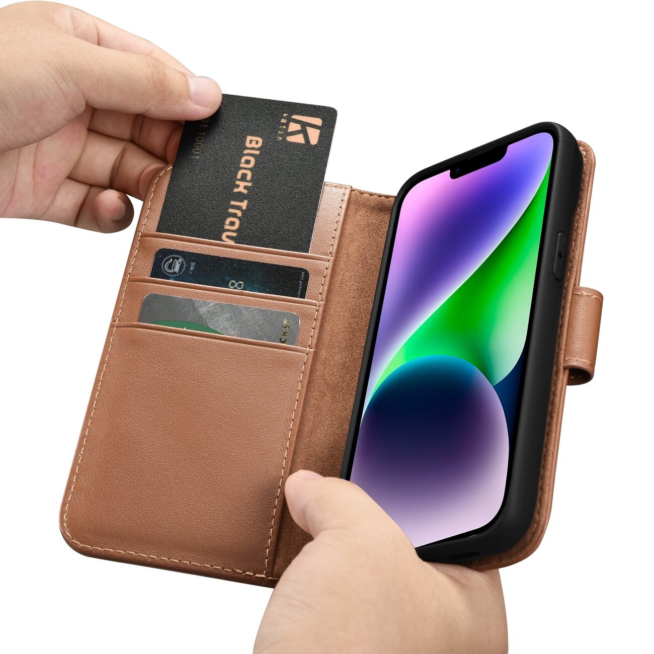 iCarer lommebokveske 2in1-deksel iPhone 14 Plus Anti-RFID flip-etui i lær Brun (WMI14220727-BN)