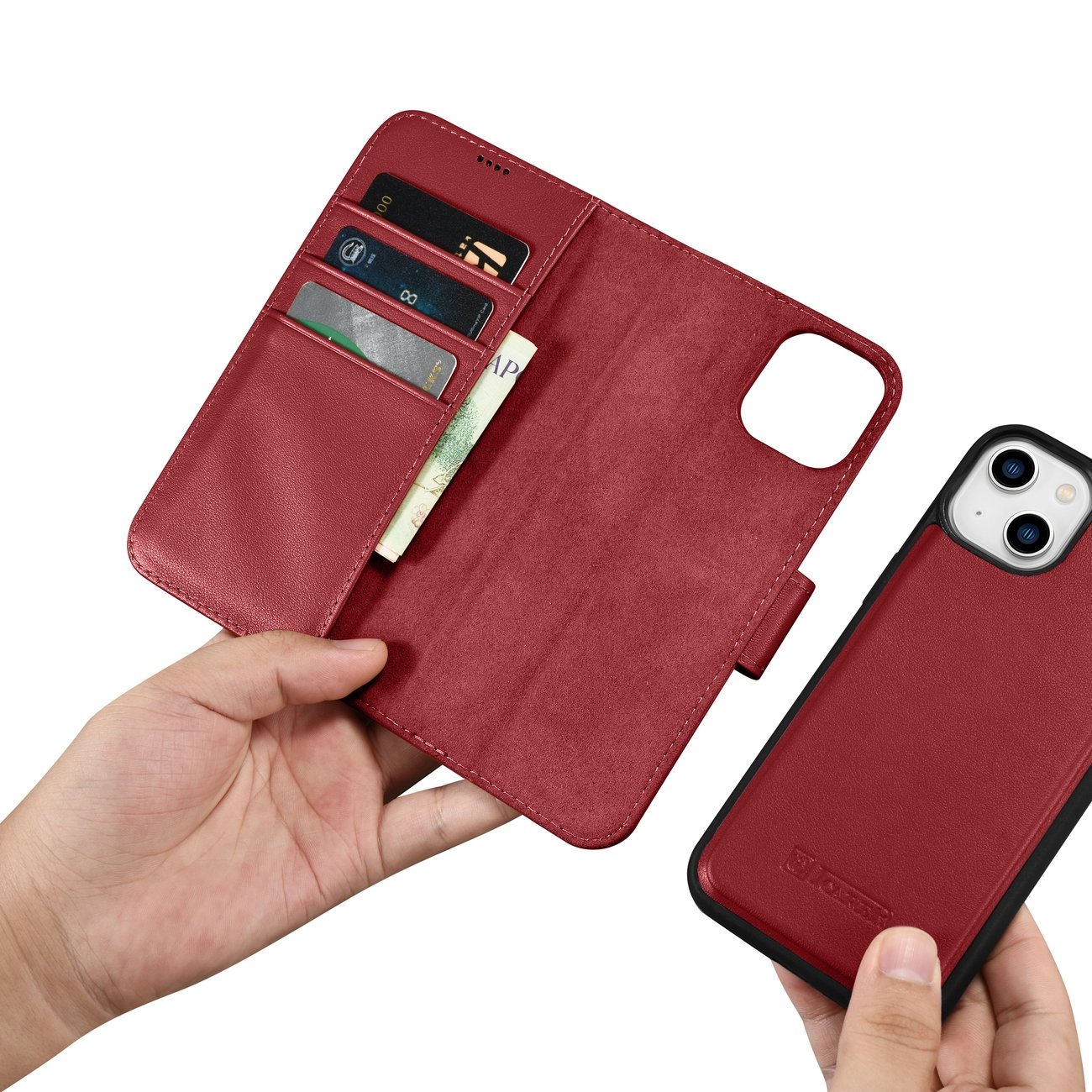 iCarer lommebokveske 2in1-deksel iPhone 14 Plus Anti-RFID flippdeksel i skinn rød (WMI14220727-RD)