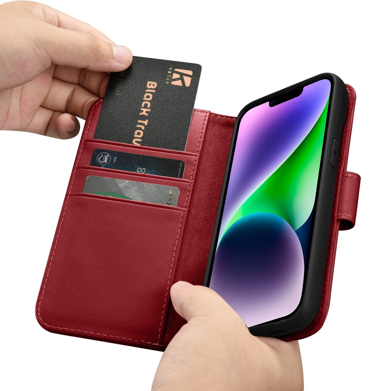 iCarer lommebokveske 2in1-deksel iPhone 14 Plus Anti-RFID flippdeksel i skinn rød (WMI14220727-RD)