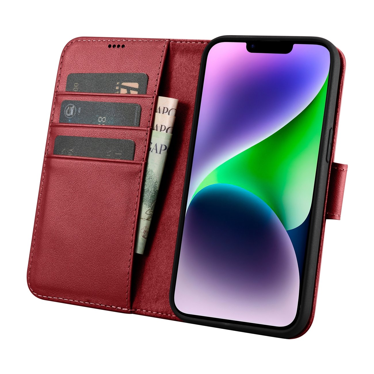 iCarer lommebokveske 2in1-deksel iPhone 14 Plus Anti-RFID flippdeksel i skinn rød (WMI14220727-RD)