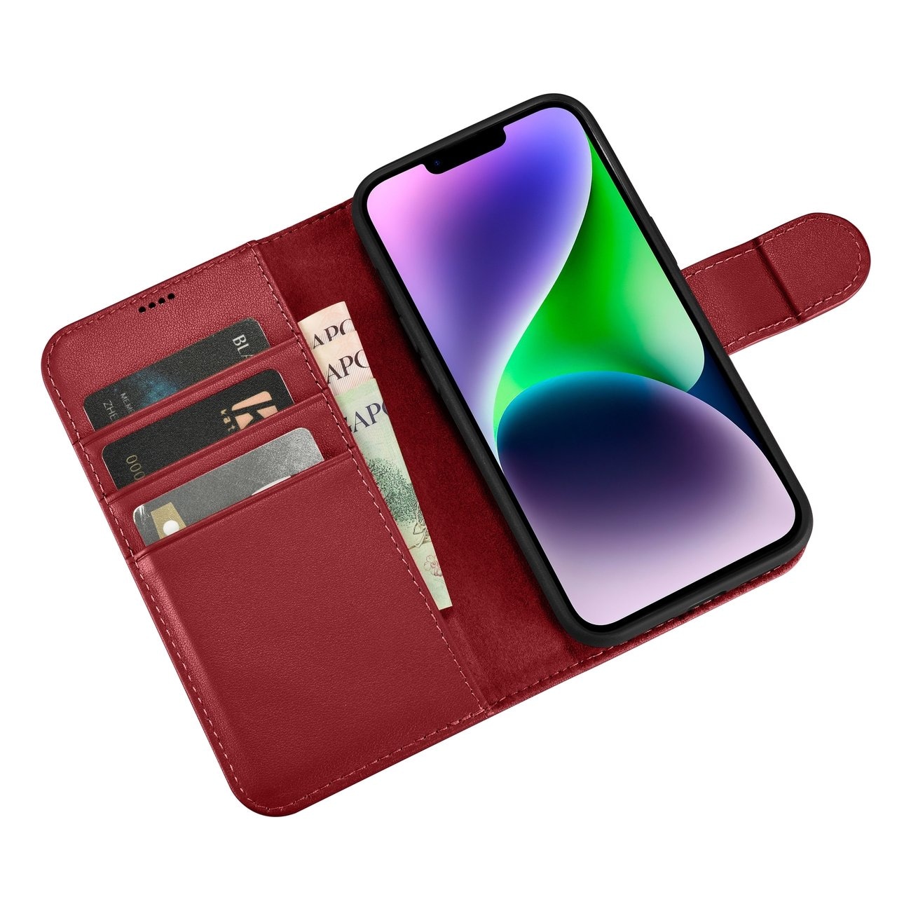 iCarer lommebokveske 2in1-deksel iPhone 14 Plus Anti-RFID flippdeksel i skinn rød (WMI14220727-RD)