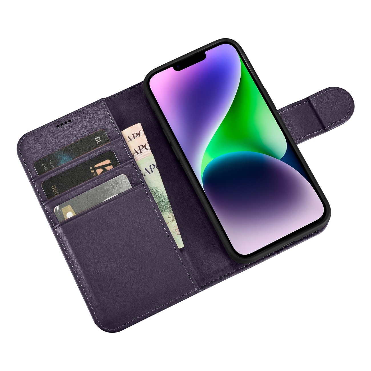 iCarer 2-in-1 lommebokdeksel til iPhone 14 Plus, anti-RFID, skinn, mørk lilla (WMI14220727-DP)