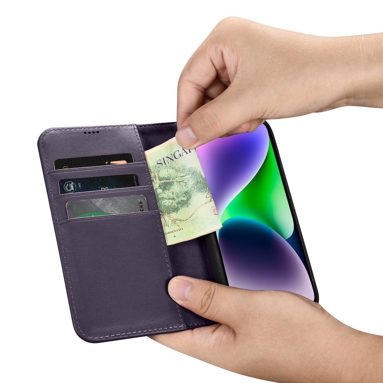 iCarer 2-in-1 lommebokdeksel til iPhone 14 Plus, anti-RFID, skinn, mørk lilla (WMI14220727-DP)