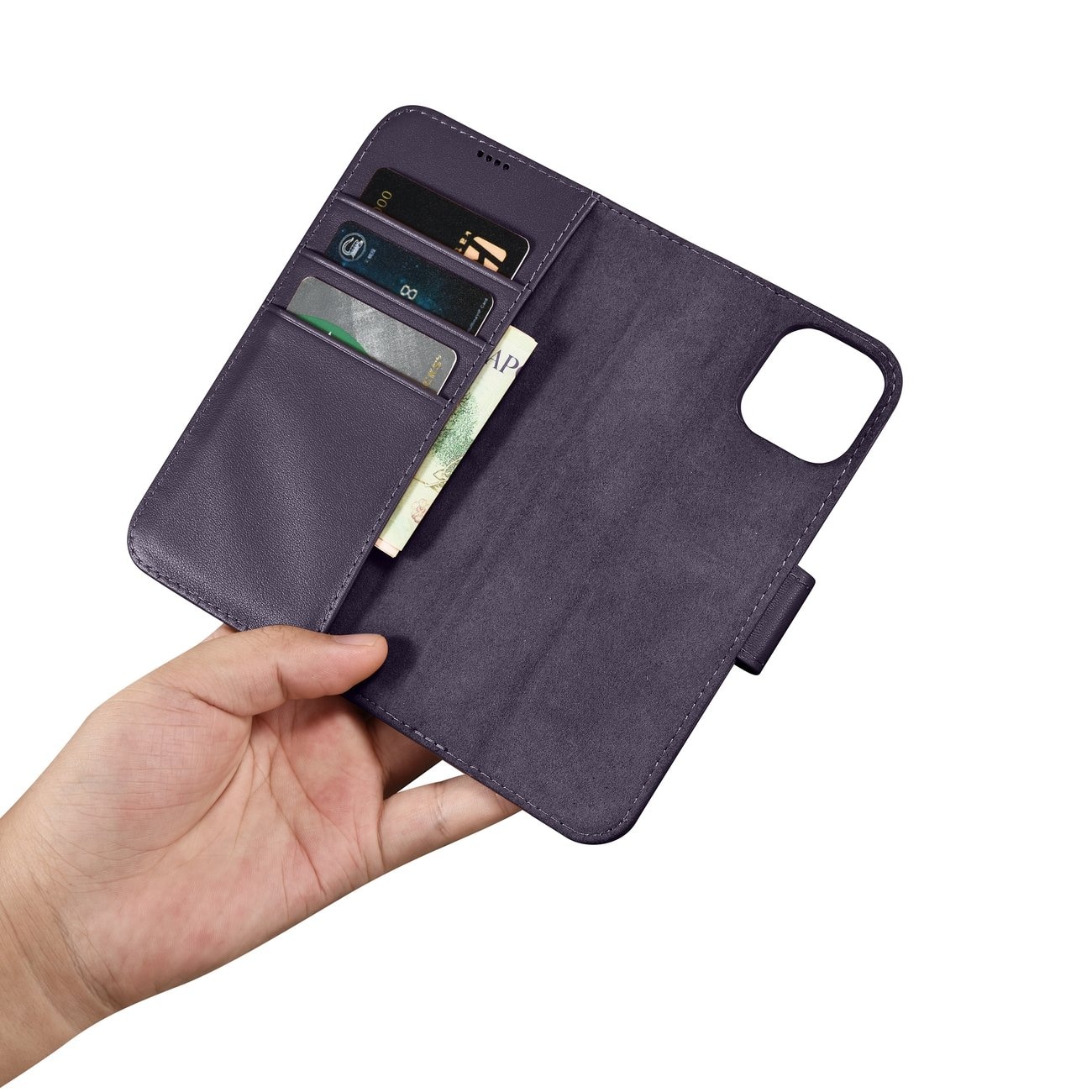 iCarer 2-in-1 lommebokdeksel til iPhone 14 Plus, anti-RFID, skinn, mørk lilla (WMI14220727-DP)