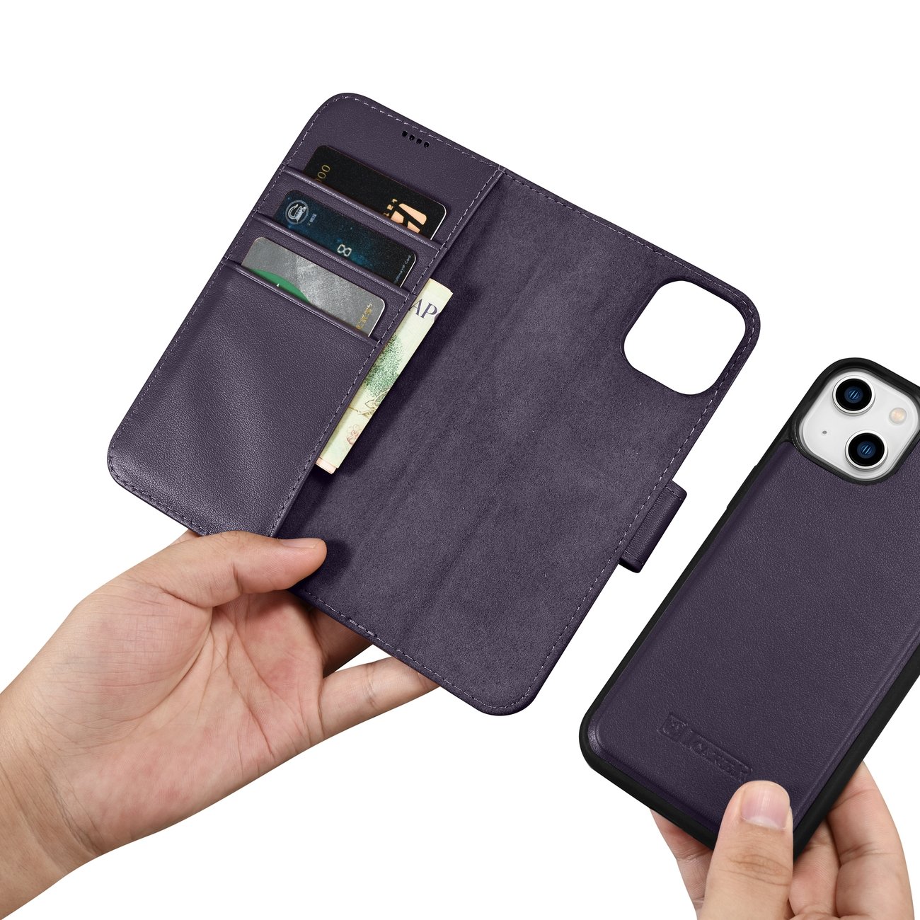 iCarer 2-in-1 lommebokdeksel til iPhone 14 Plus, anti-RFID, skinn, mørk lilla (WMI14220727-DP)