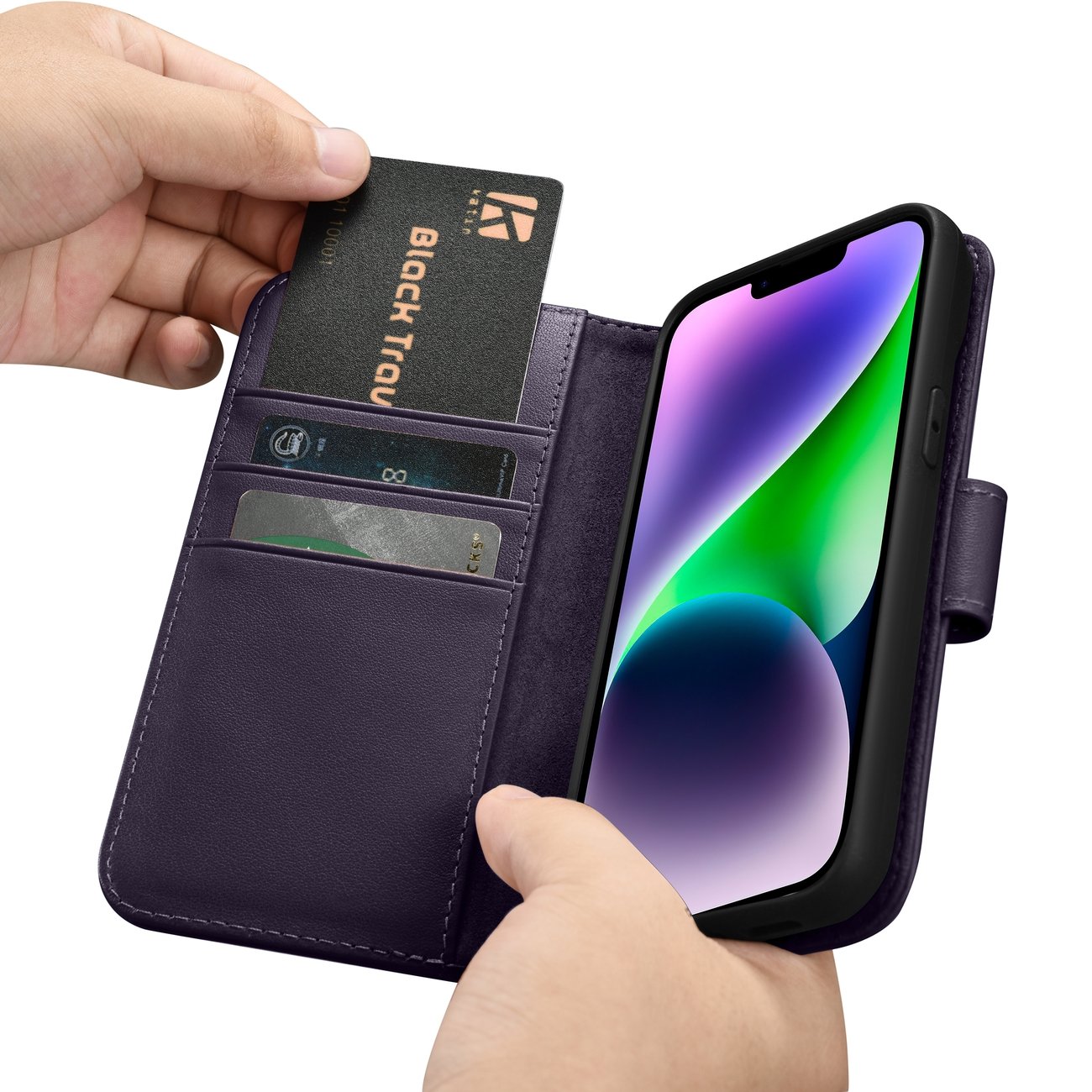 iCarer 2-in-1 lommebokdeksel til iPhone 14 Plus, anti-RFID, skinn, mørk lilla (WMI14220727-DP)