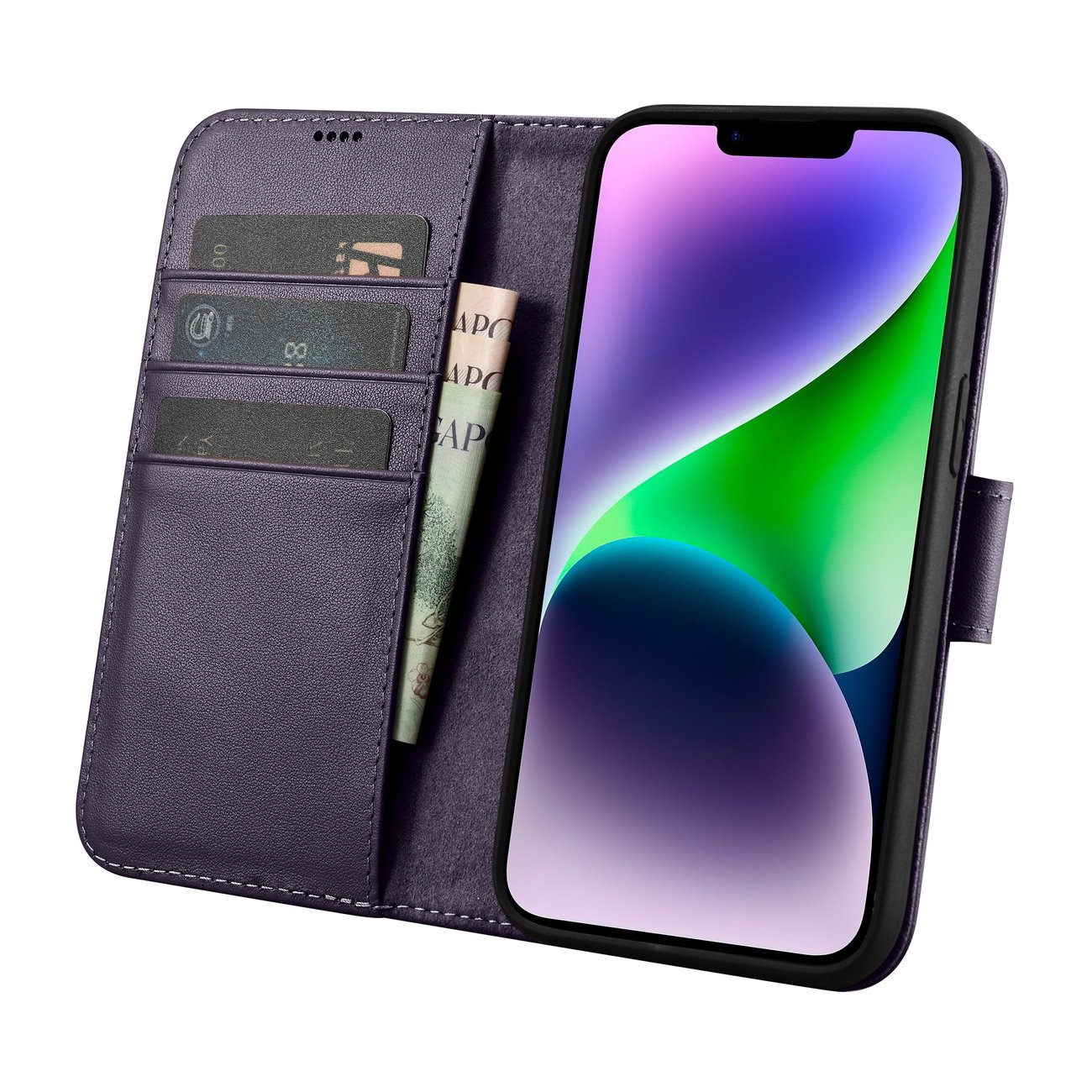 iCarer 2-in-1 lommebokdeksel til iPhone 14 Plus, anti-RFID, skinn, mørk lilla (WMI14220727-DP)