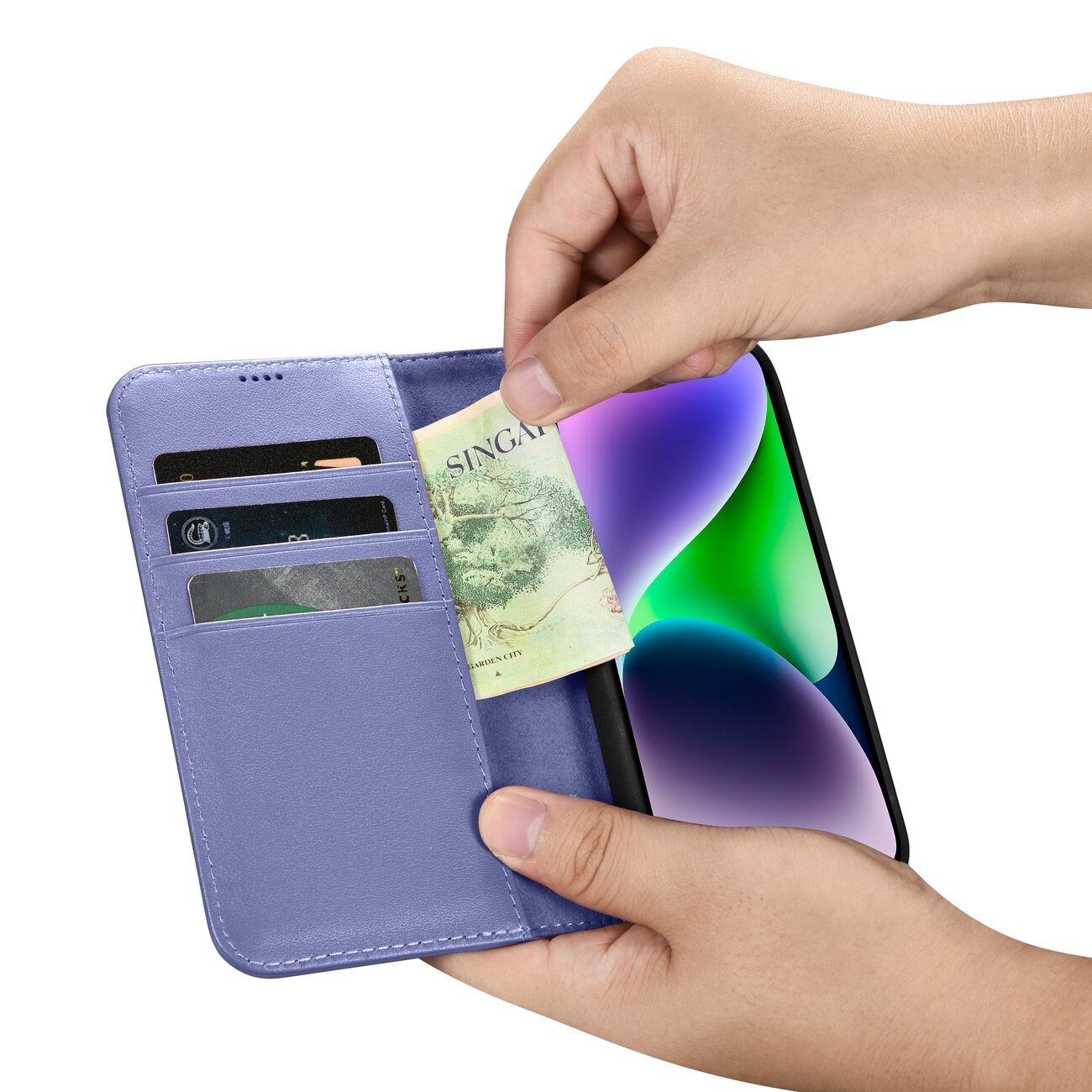 iCarer 2in1 lommebokdeksel iPhone 14 Plus Anti-RFID flip-etui skinn lys lilla (WMI14220727-LP)