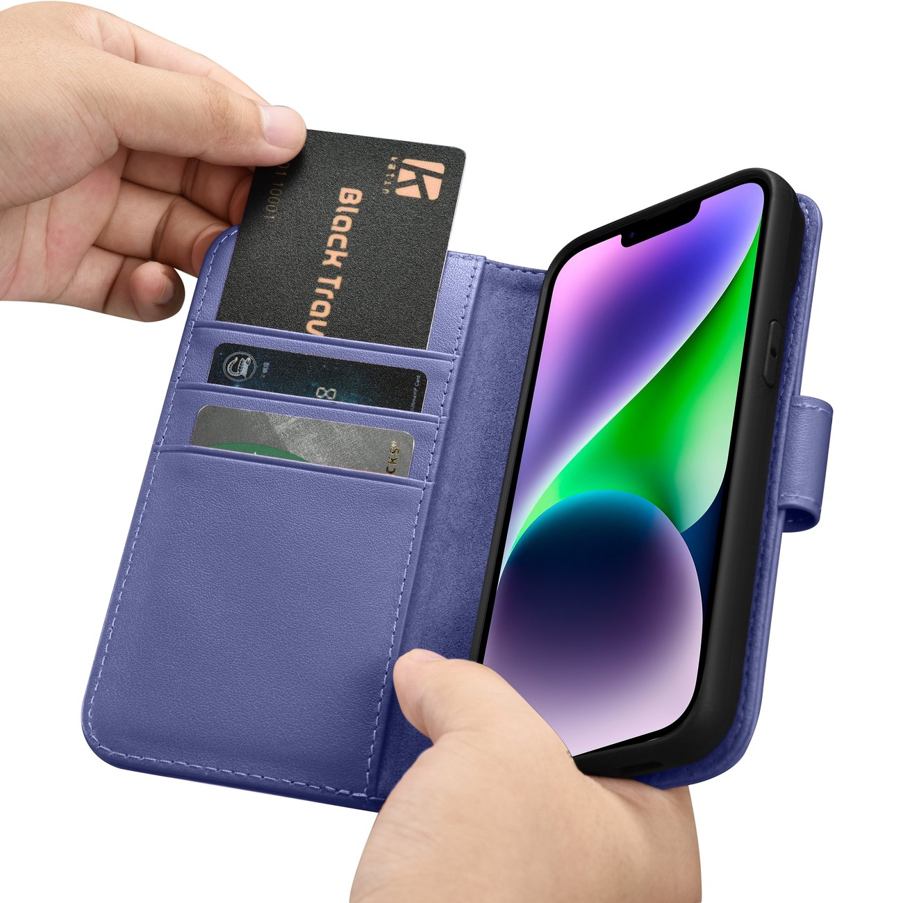 iCarer 2in1 lommebokdeksel iPhone 14 Plus Anti-RFID flip-etui skinn lys lilla (WMI14220727-LP)