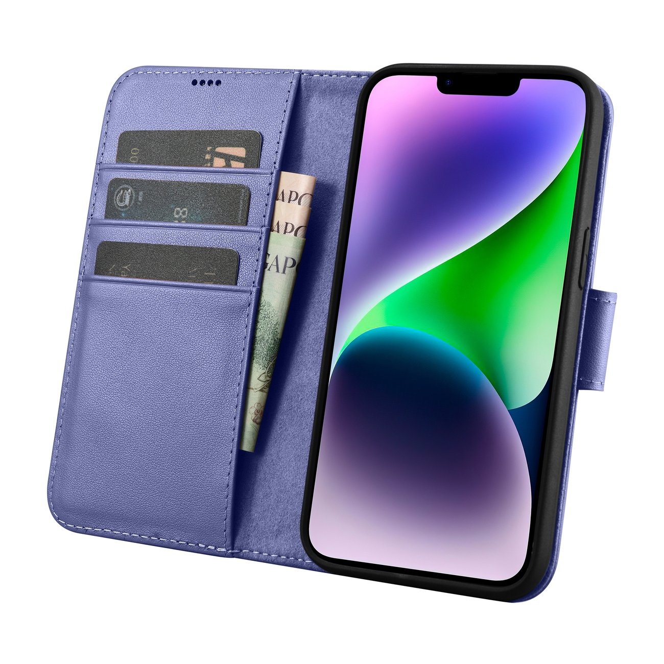 iCarer 2in1 lommebokdeksel iPhone 14 Plus Anti-RFID flip-etui skinn lys lilla (WMI14220727-LP)