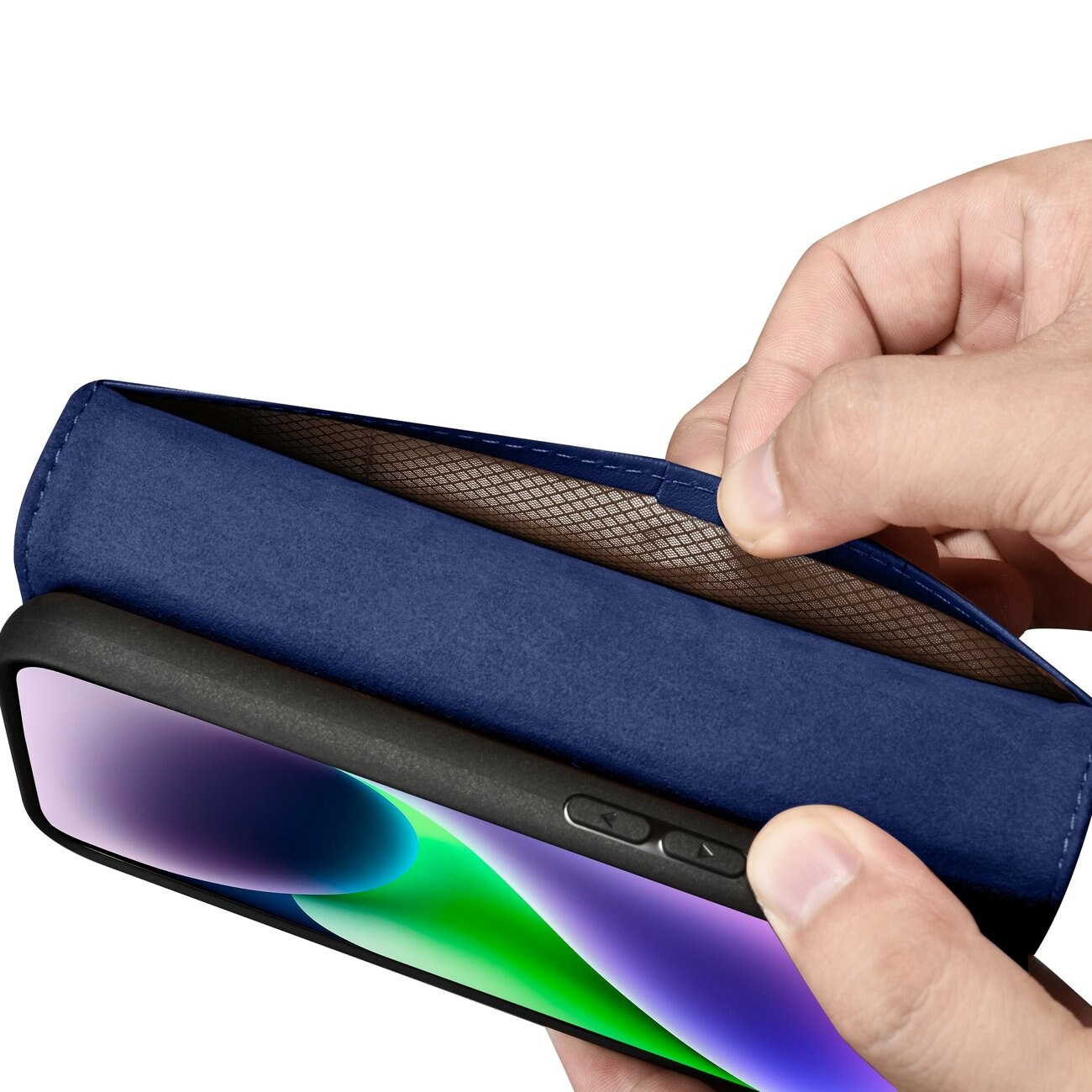 iCarer lommebokveske 2in1-deksel iPhone 14 Plus Anti-RFID flippveske i skinn blå (WMI14220727-BU)