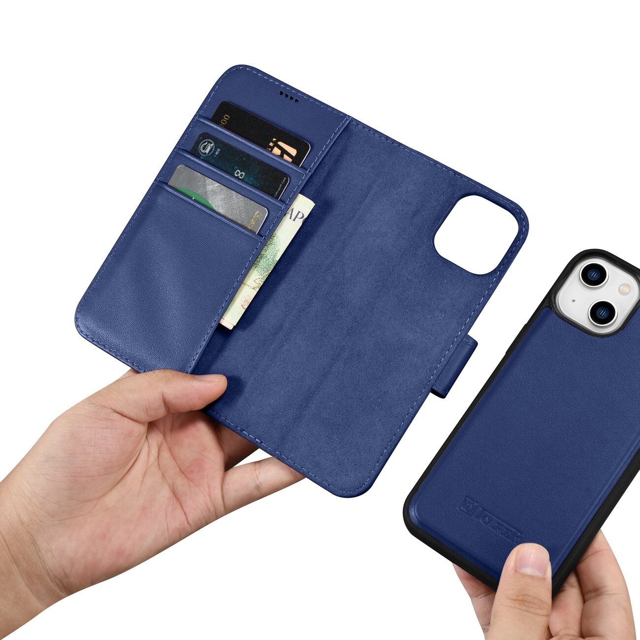 iCarer lommebokveske 2in1-deksel iPhone 14 Plus Anti-RFID flippveske i skinn blå (WMI14220727-BU)