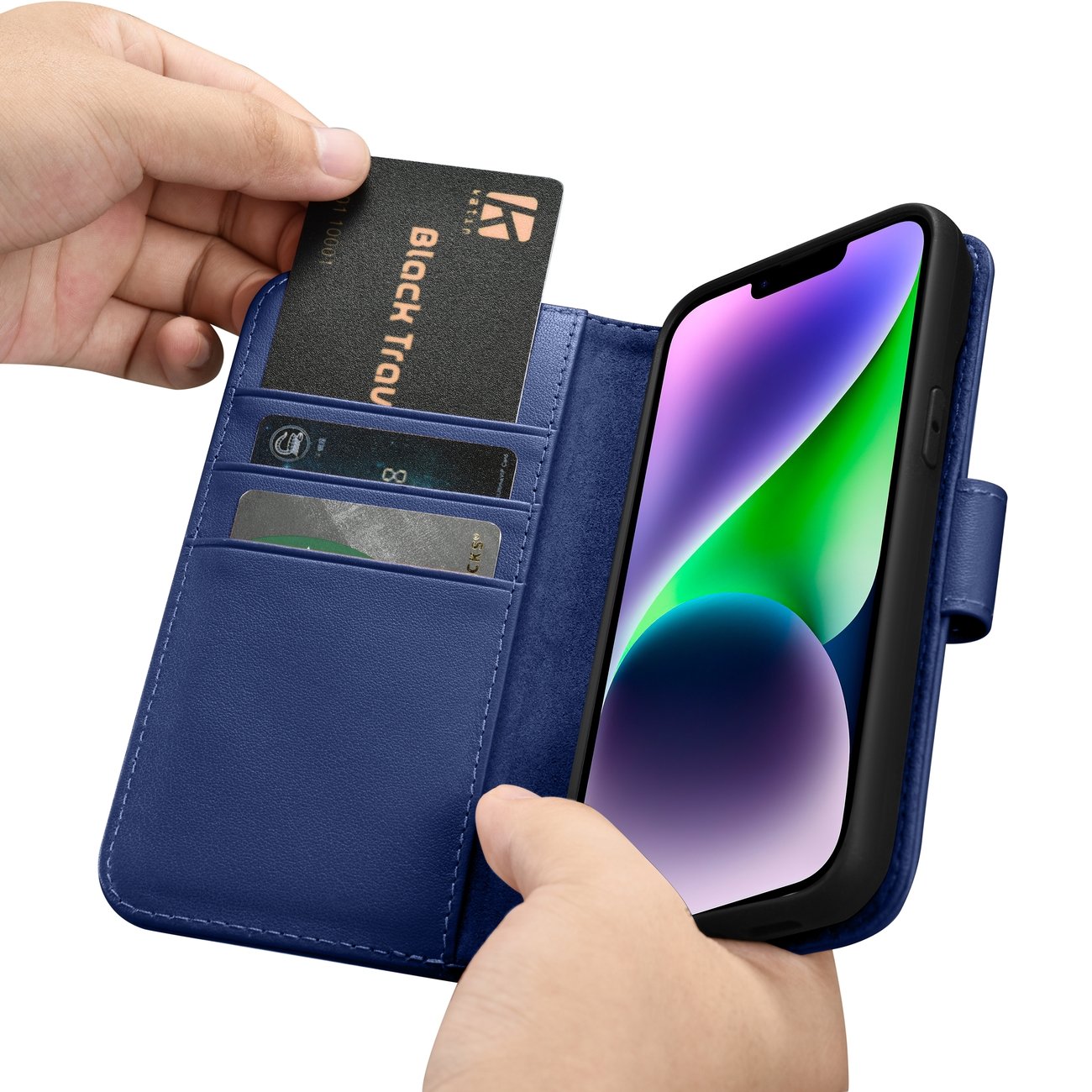 iCarer lommebokveske 2in1-deksel iPhone 14 Plus Anti-RFID flippveske i skinn blå (WMI14220727-BU)