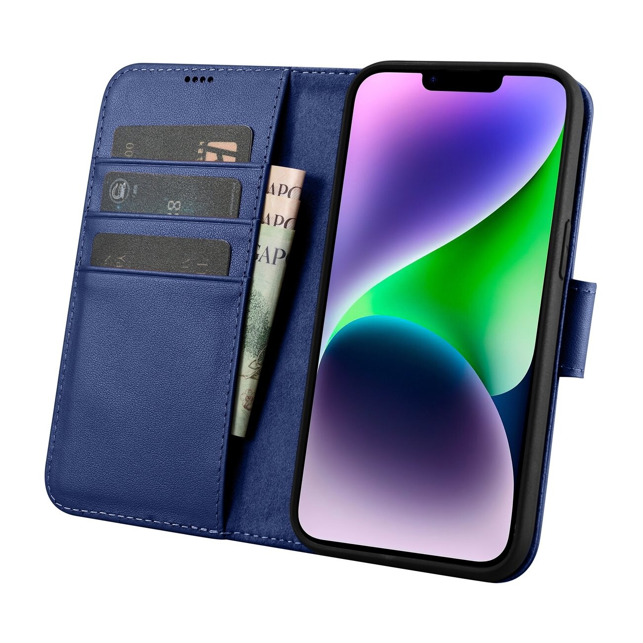 iCarer lommebokveske 2in1-deksel iPhone 14 Plus Anti-RFID flippveske i skinn blå (WMI14220727-BU)