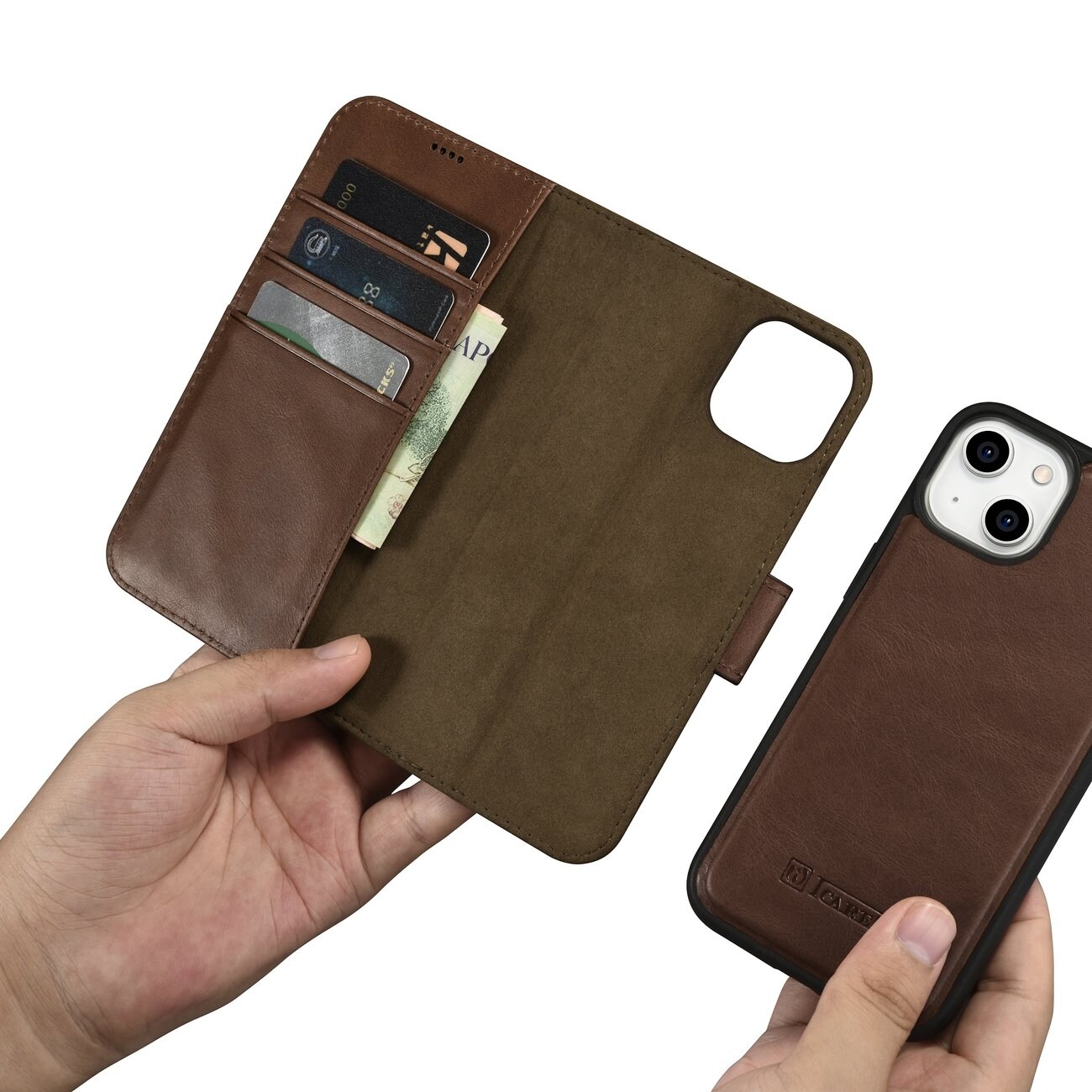 iCarer 2in1 Oil Wax Leather Wallet Case for iPhone 14 Plus, Anti-RFID, Brown (WMI14220723-BN)