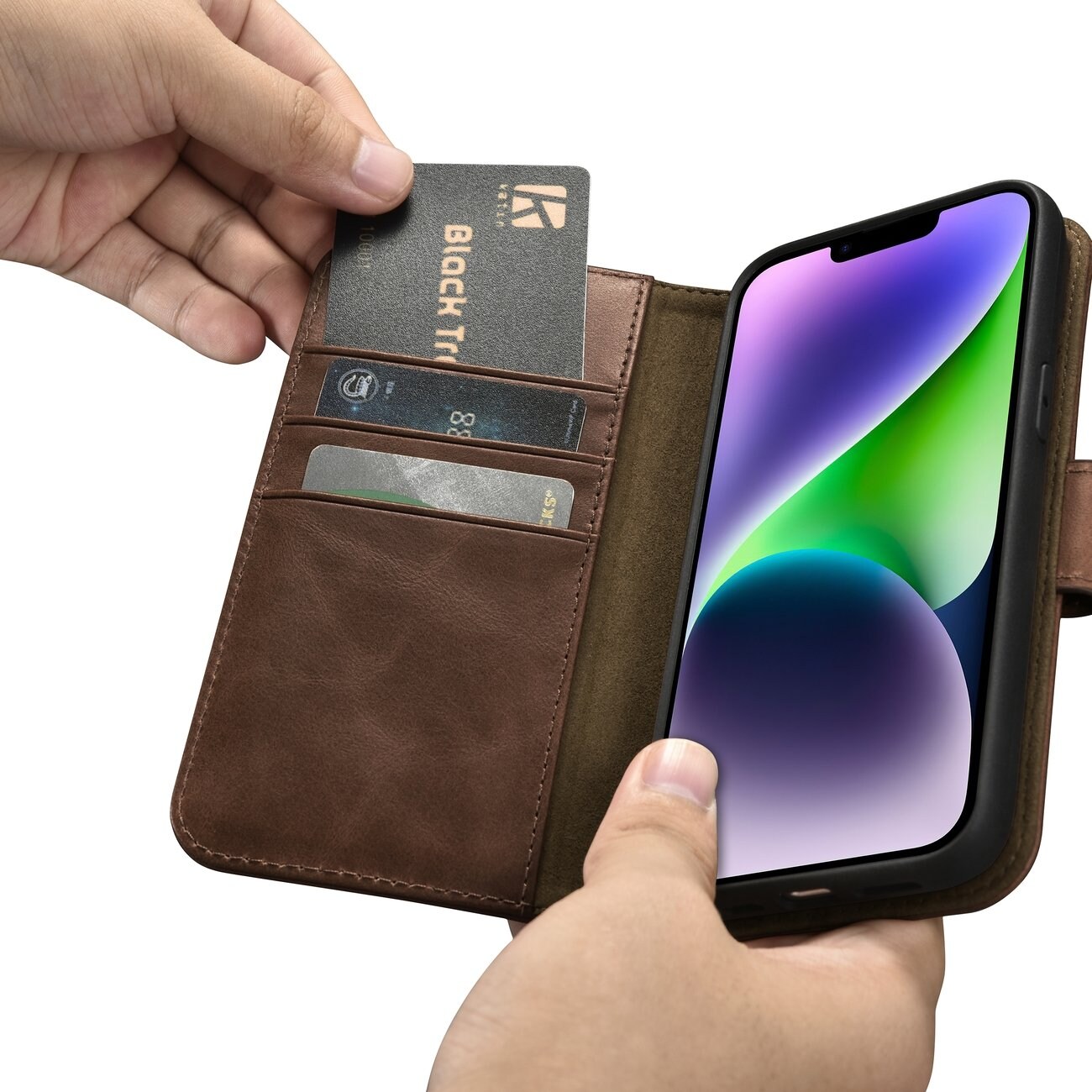 iCarer 2in1 Oil Wax Leather Wallet Case for iPhone 14 Plus, Anti-RFID, Brown (WMI14220723-BN)