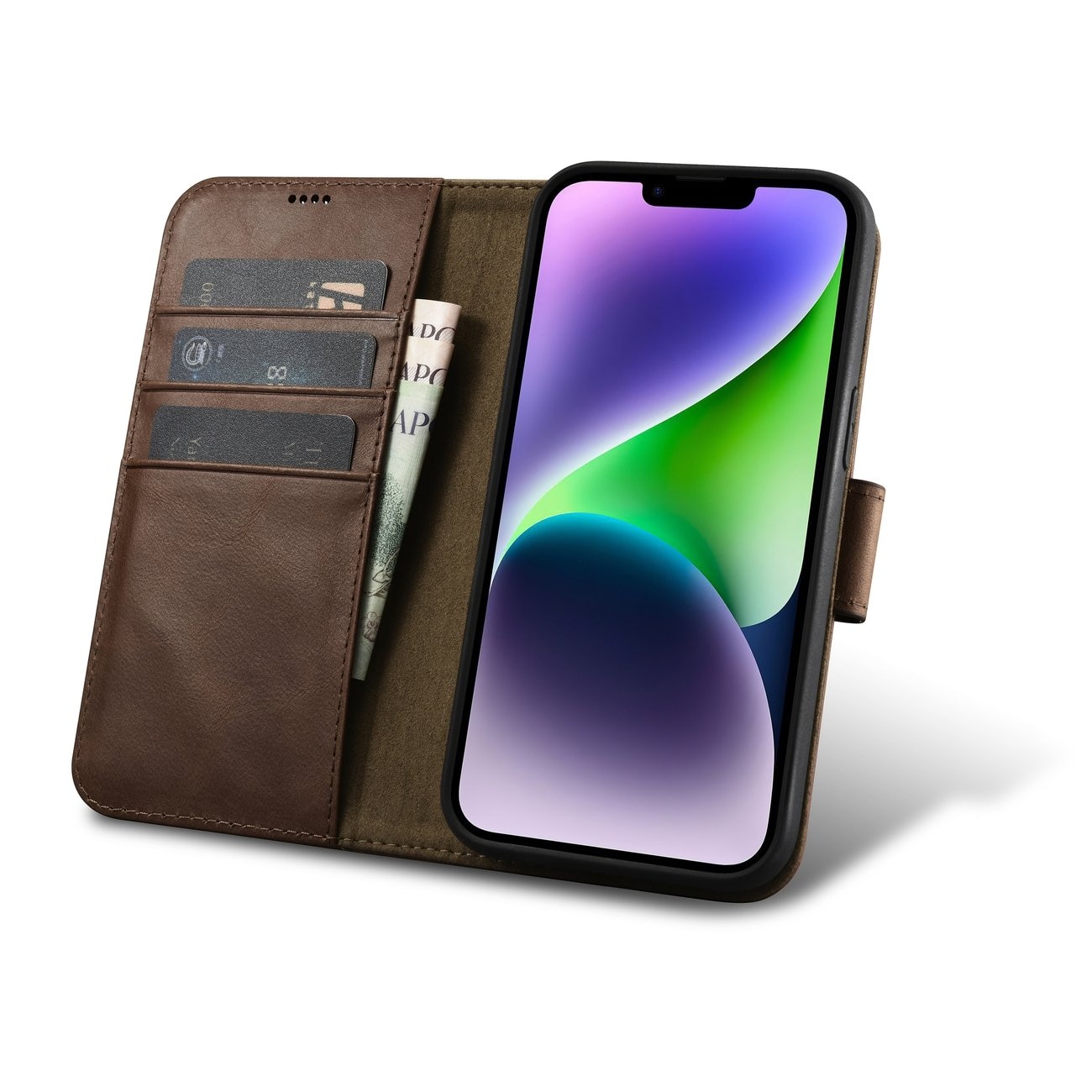 iCarer 2in1 Oil Wax Leather Wallet Case for iPhone 14 Plus, Anti-RFID, Brown (WMI14220723-BN)
