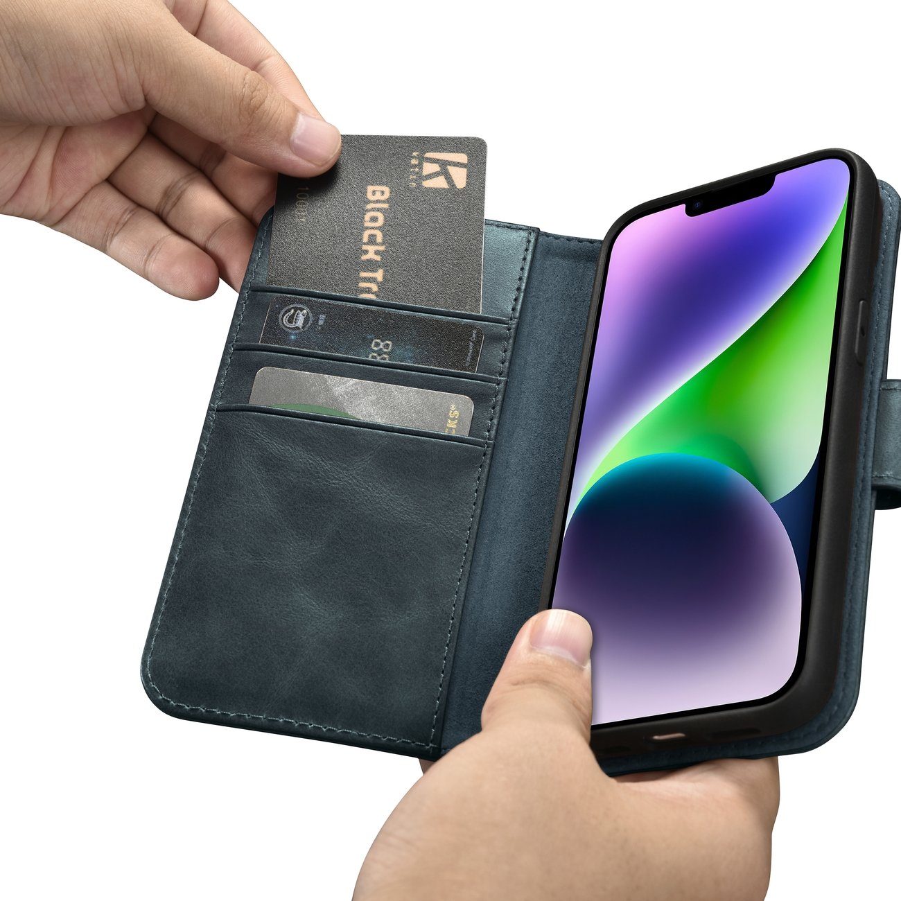 iCarer 2in1 Oil Wax Wallet Case for iPhone 14 Plus, Anti-RFID Leather Flip, Blue (WMI14220723-BU)