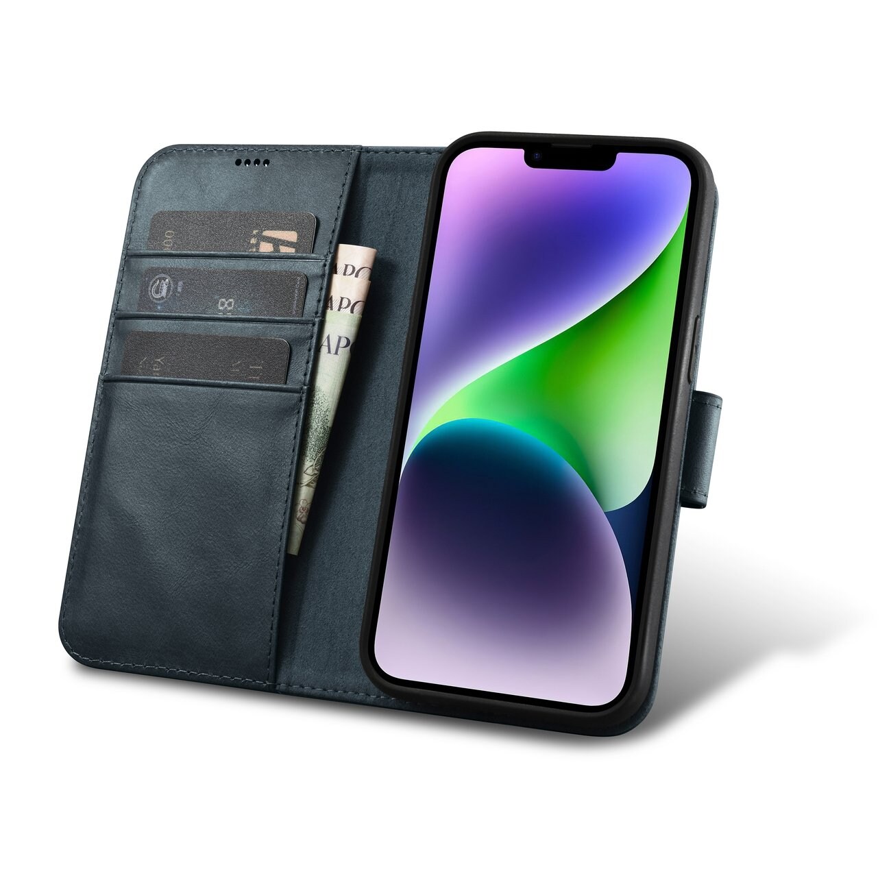 iCarer 2in1 Oil Wax Wallet Case for iPhone 14 Plus, Anti-RFID Leather Flip, Blue (WMI14220723-BU)